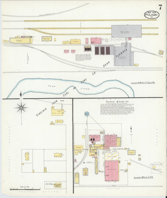 Sanborn Fire Insurance Map from Pulaski, Pulaski County, Virginia (1908), Sheet #0007 - Historic Sanborn Fire Insurance Map Print, vintage old map wall art, antique decor, genealogy gift, Virginia Virginia map