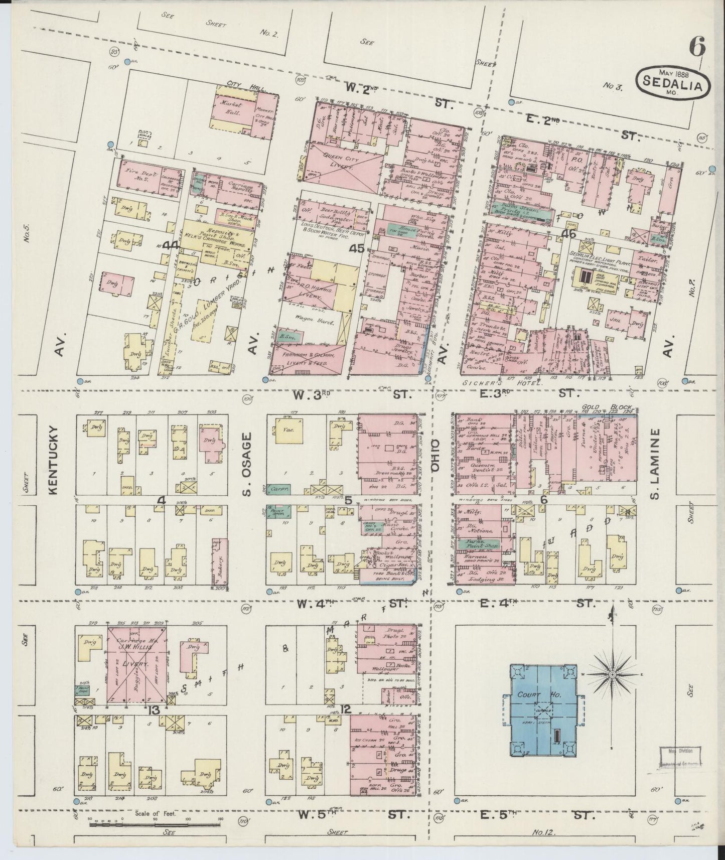 Sanborn Fire Insurance Map from Sedalia, Pettis County, Missouri (1888), Sheet #0006 - Complete Map Set gallery image, historic Sanborn map, vintage wall art, Missouri Missouri