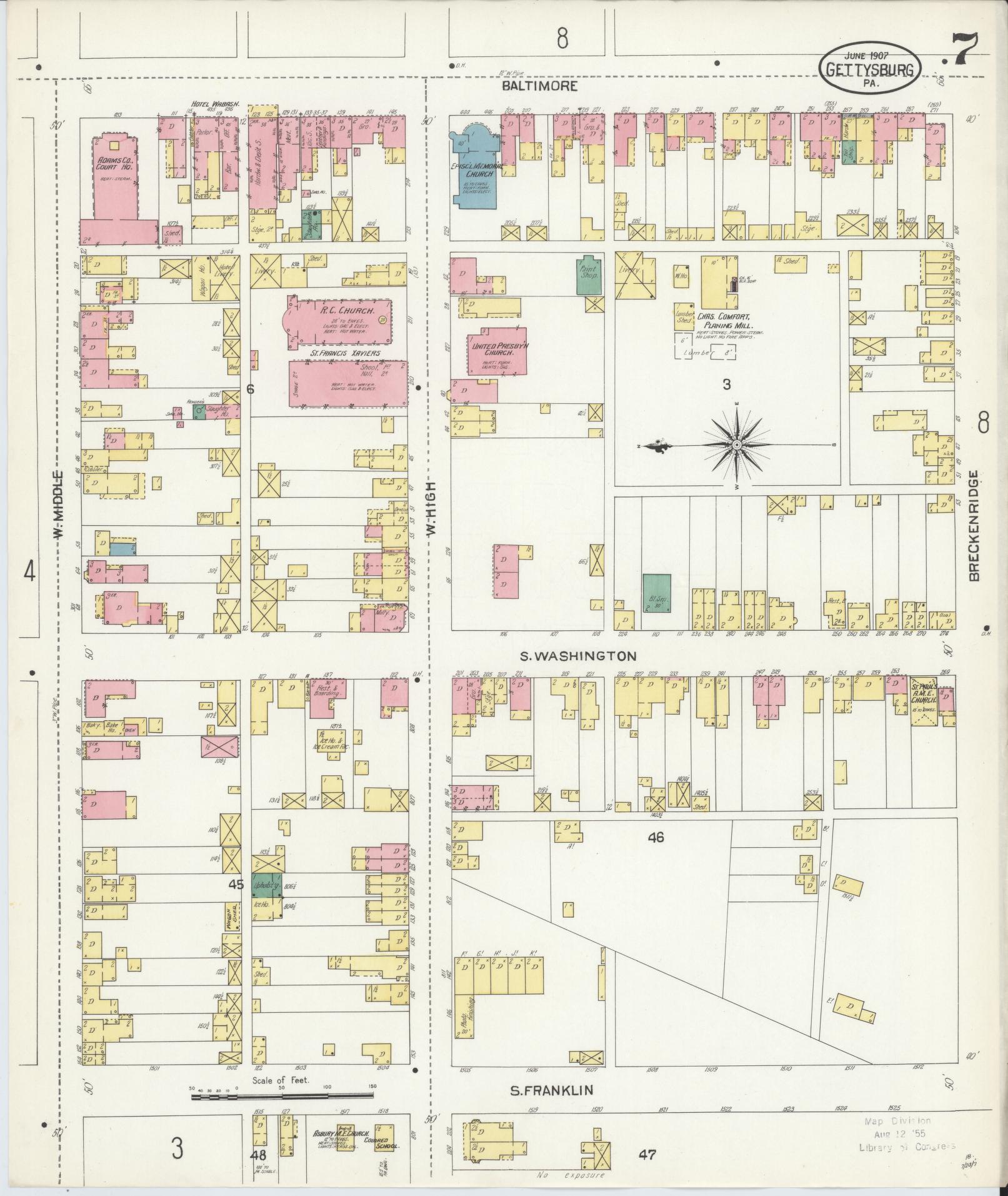 Sanborn Fire Insurance Map from Gettysburg, Adams County, Pennsylvania (1907), Sheet #0007 - Historic Sanborn Fire Insurance Map Print, vintage old map wall art, antique decor, genealogy gift, Pennsylvania Pennsylvania map