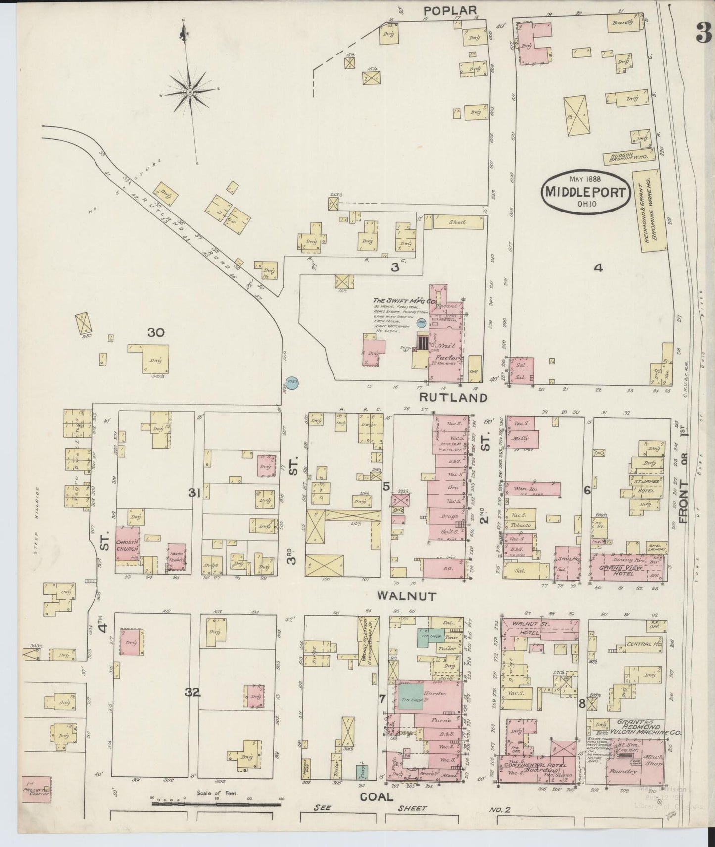 Sanborn Fire Insurance Map from Middleport, Meigs County, Ohio (1888), Sheet #0003 - Historic Sanborn Fire Insurance Map Print, vintage old map wall art, antique decor, genealogy gift, Ohio Ohio map