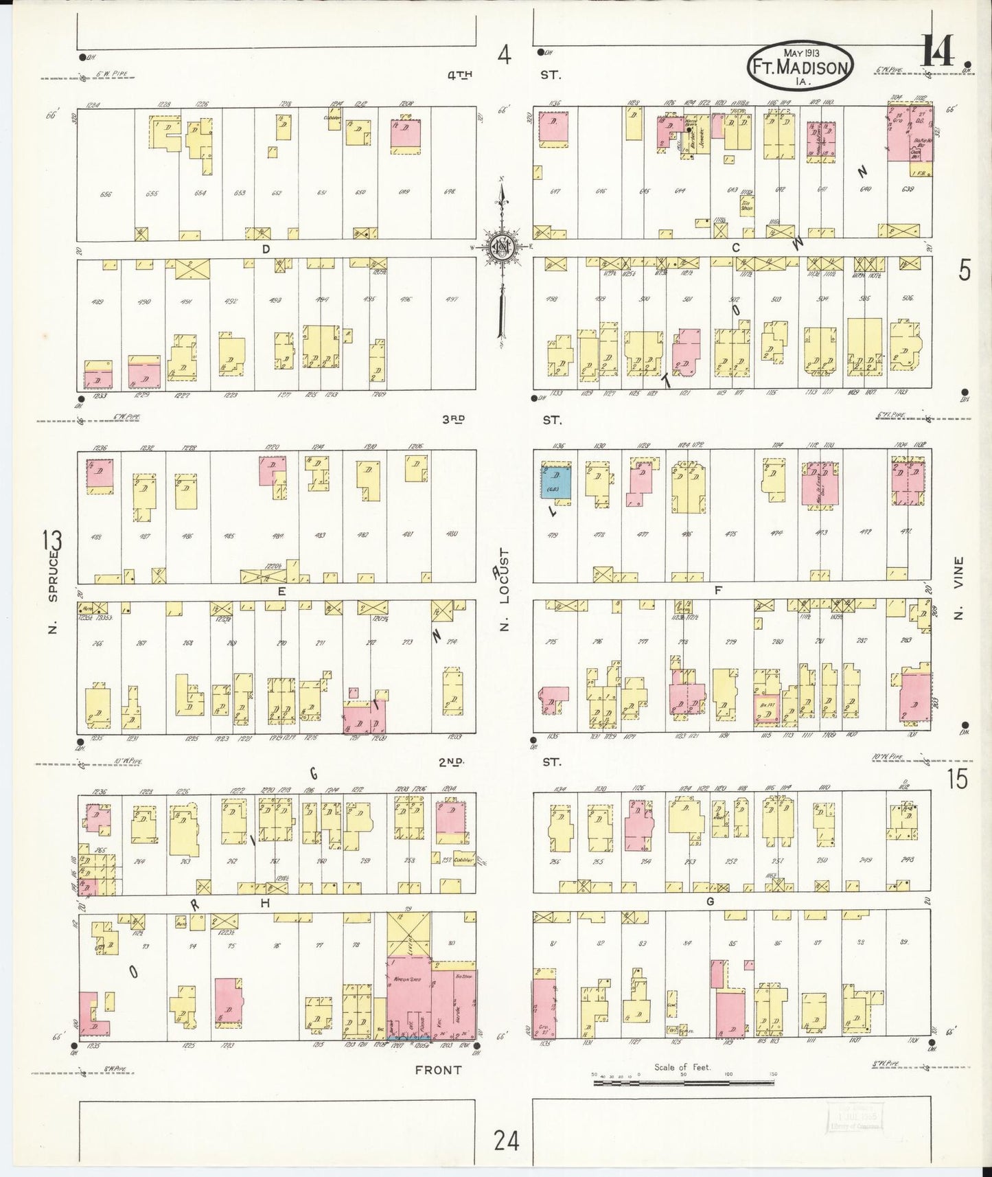 Sanborn Fire Insurance Map from Fort Madison, Lee County, Iowa (1913), Sheet #0014 - Historic Sanborn Fire Insurance Map Print, vintage old map wall art