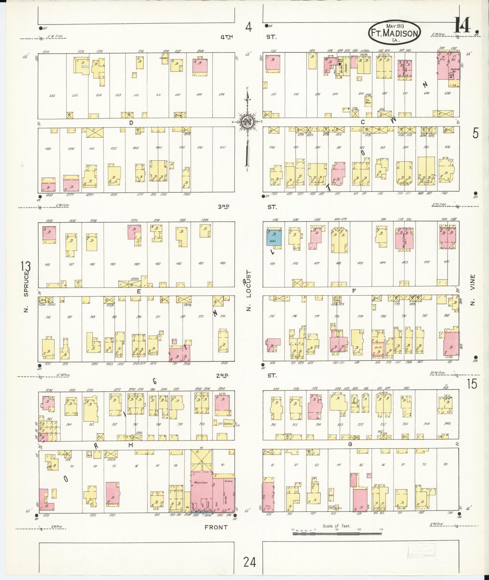 Sanborn Fire Insurance Map from Fort Madison, Lee County, Iowa (1913), Sheet #0014 - Historic Sanborn Fire Insurance Map Print, vintage old map wall art