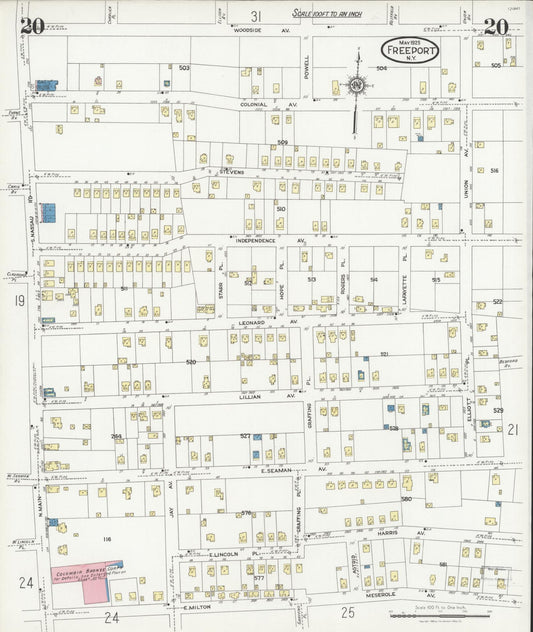 Sanborn Fire Insurance Map from Freeport, Nassau County, New York (1925), Sheet #0020 - Historic Sanborn Fire Insurance Map Print, vintage old map wall art, antique decor, genealogy gift, New York New York map