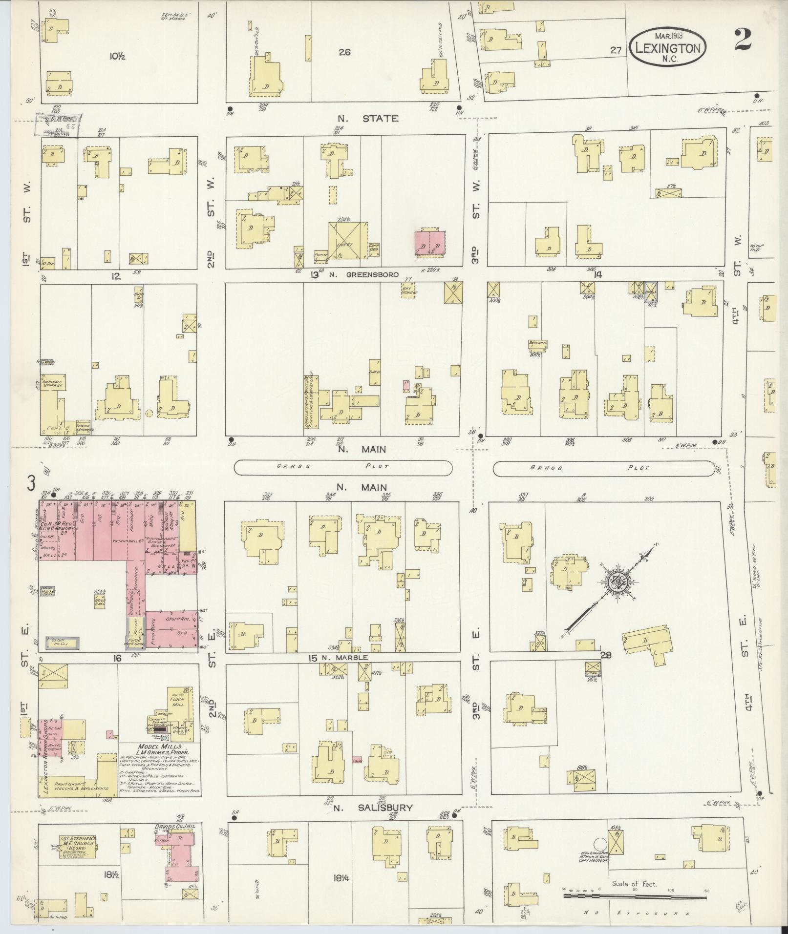 Sanborn Fire Insurance Map from Lexington, Davidson County, North Carolina (1913), Sheet #0002 - Complete Map Set gallery image, historic Sanborn map, vintage wall art, North Carolina North Carolina