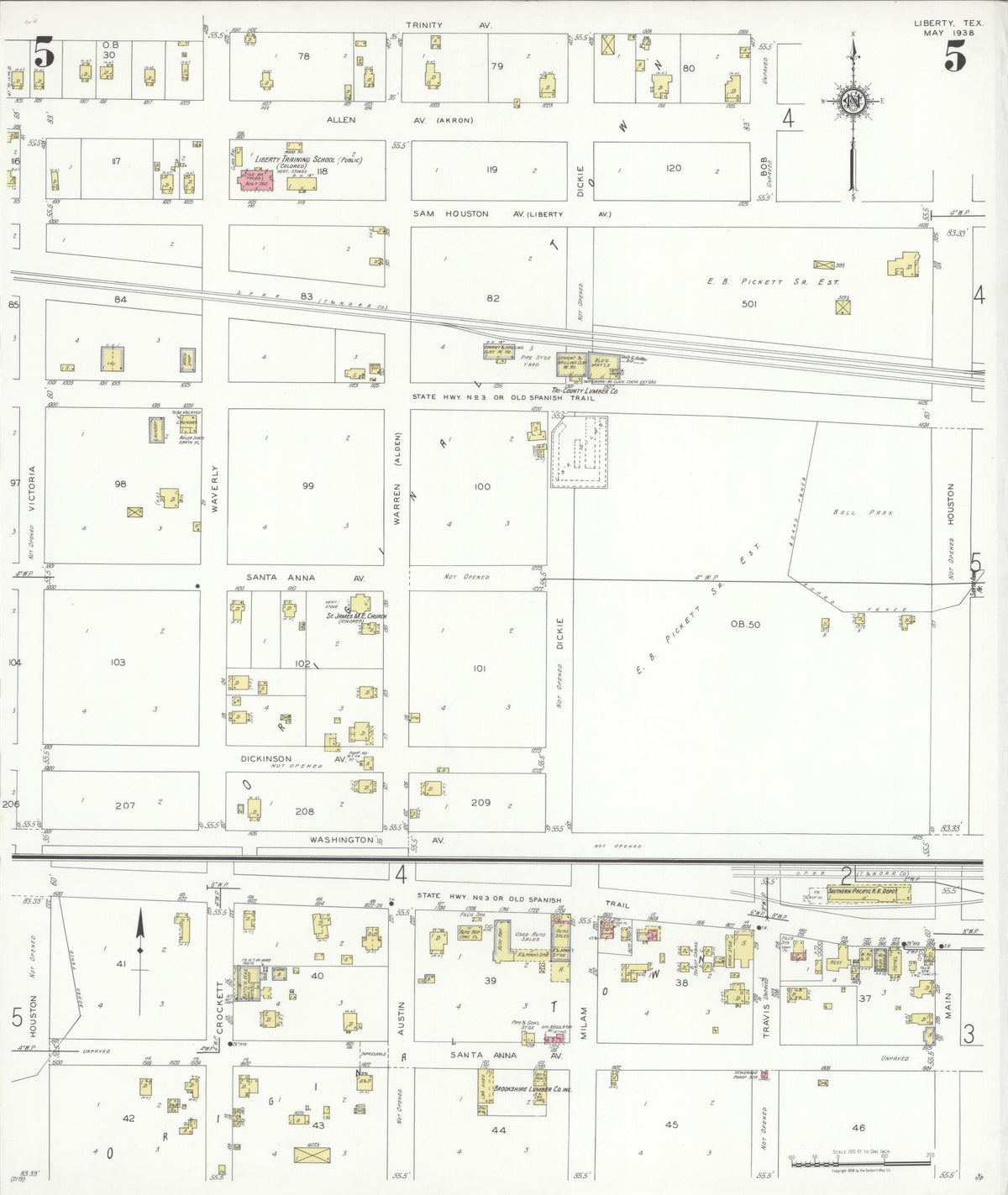 Sanborn Fire Insurance Map from Liberty, Liberty County, Texas (1938), Sheet #0005 - Complete Map Set gallery image, historic Sanborn map, vintage wall art, Texas Texas