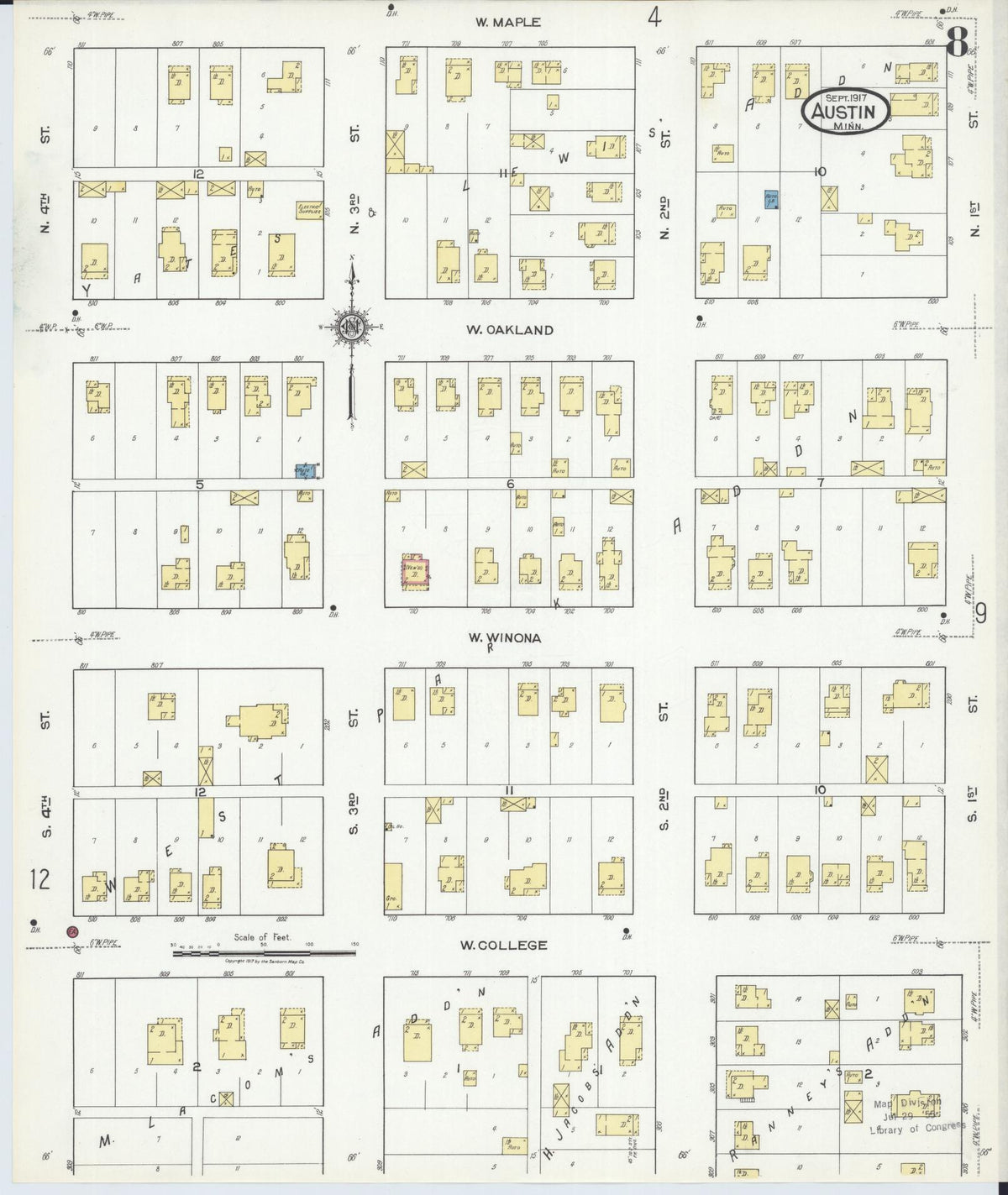 Sanborn Fire Insurance Map from Austin, Mower County, Minnesota (1917), Sheet #0008 - Historic Sanborn Fire Insurance Map Print, vintage old map wall art, antique decor, genealogy gift, Minnesota Minnesota map