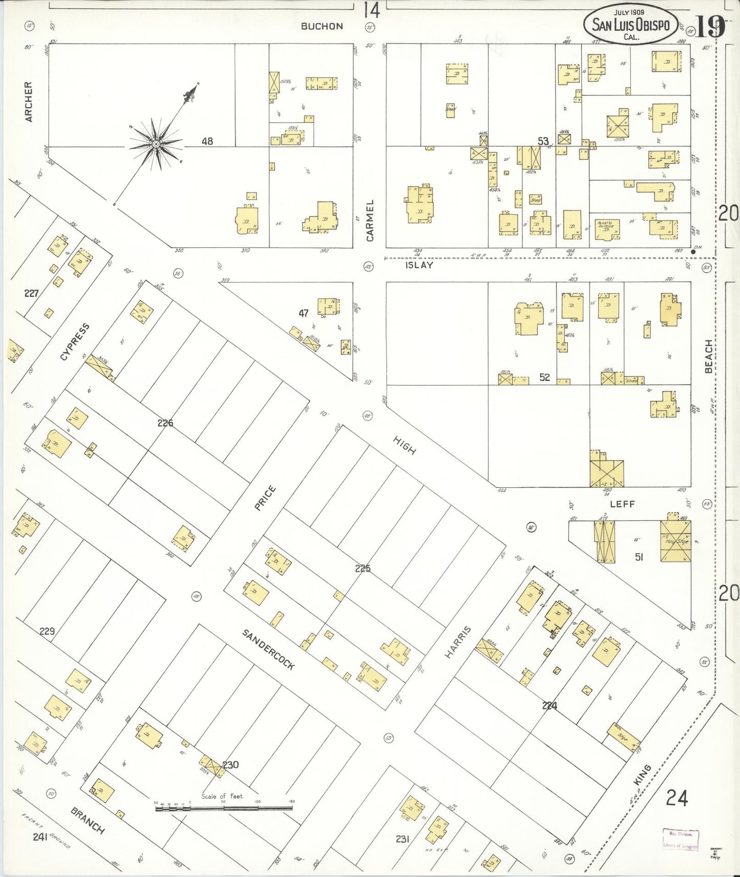 Sanborn Fire Insurance Map from San Luis Obispo, San Luis Obispo County, California (1909), Sheet #0019 - Complete Map Set gallery image, historic Sanborn map, vintage wall art, California California