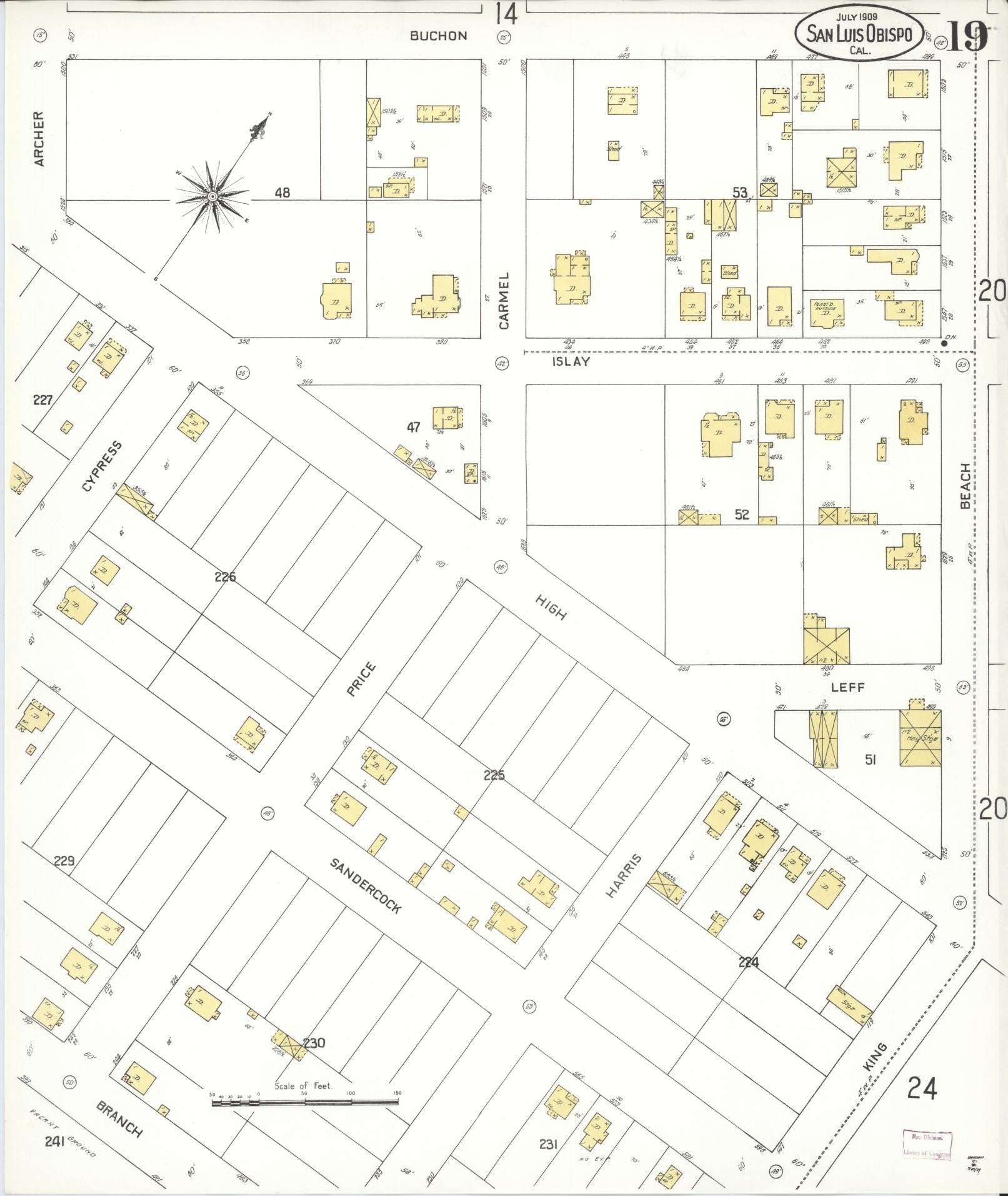 Sanborn Fire Insurance Map from San Luis Obispo, San Luis Obispo County, California (1909), Sheet #0019 - Complete Map Set gallery image, historic Sanborn map, vintage wall art, California California