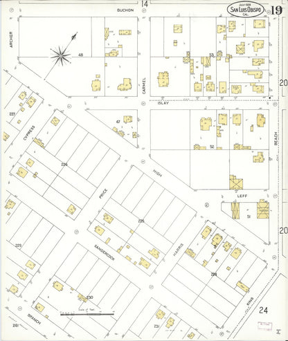 Sanborn Fire Insurance Map from San Luis Obispo, San Luis Obispo County, California (1909), Sheet #0019 - Complete Map Set gallery image, historic Sanborn map, vintage wall art, California California