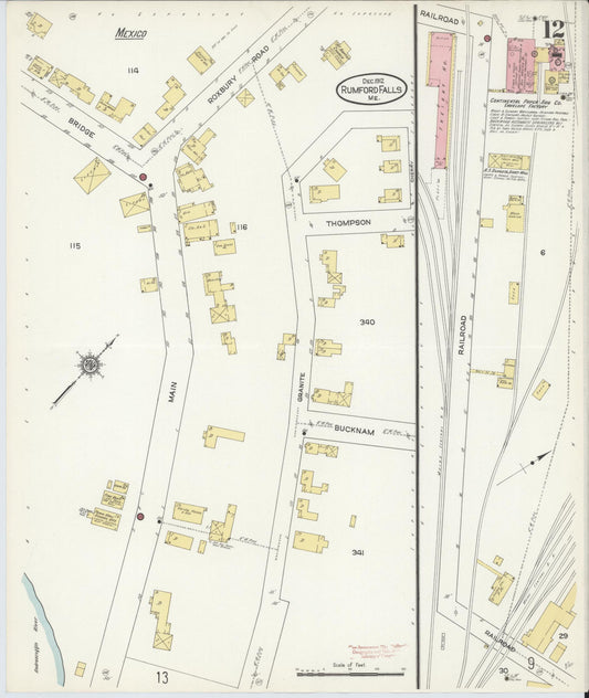 Sanborn Fire Insurance Map from Rumford Falls, Oxford County, Maine (1912), Sheet #0012 - Historic Sanborn Fire Insurance Map Print, vintage old map wall art, antique decor, genealogy gift, Maine Maine map