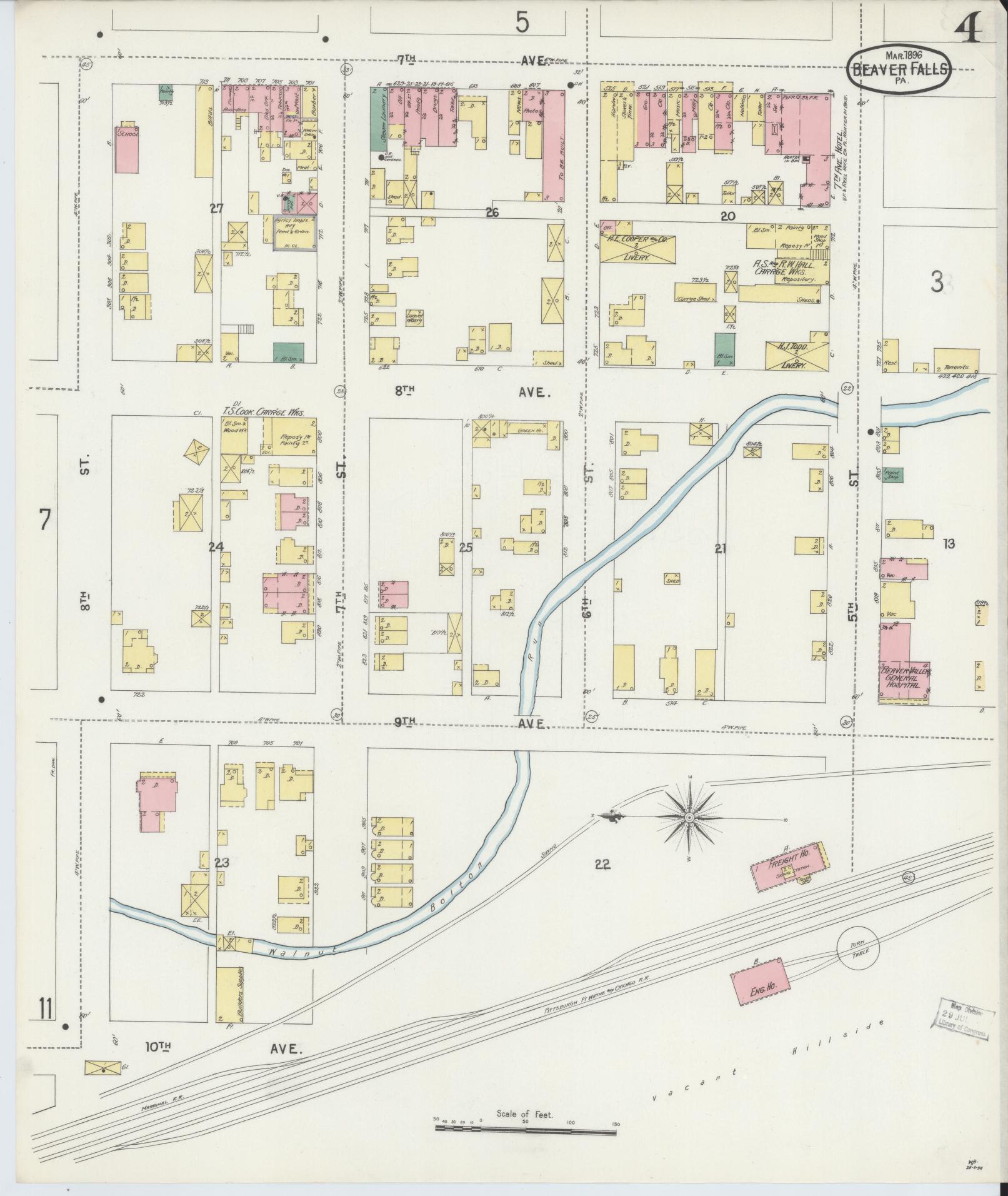 Sanborn Fire Insurance Map from Beaver Falls, Beaver County, Pennsylvania (1896), Sheet #0004 - Historic Sanborn Fire Insurance Map Print, vintage old map wall art, antique decor, genealogy gift, Pennsylvania Pennsylvania map