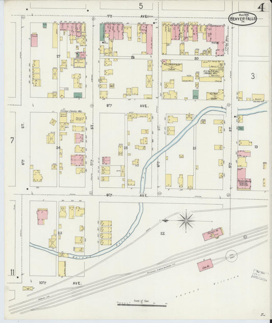 Sanborn Fire Insurance Map from Beaver Falls, Beaver County, Pennsylvania (1896), Sheet #0004 - Historic Sanborn Fire Insurance Map Print, vintage old map wall art, antique decor, genealogy gift, Pennsylvania Pennsylvania map