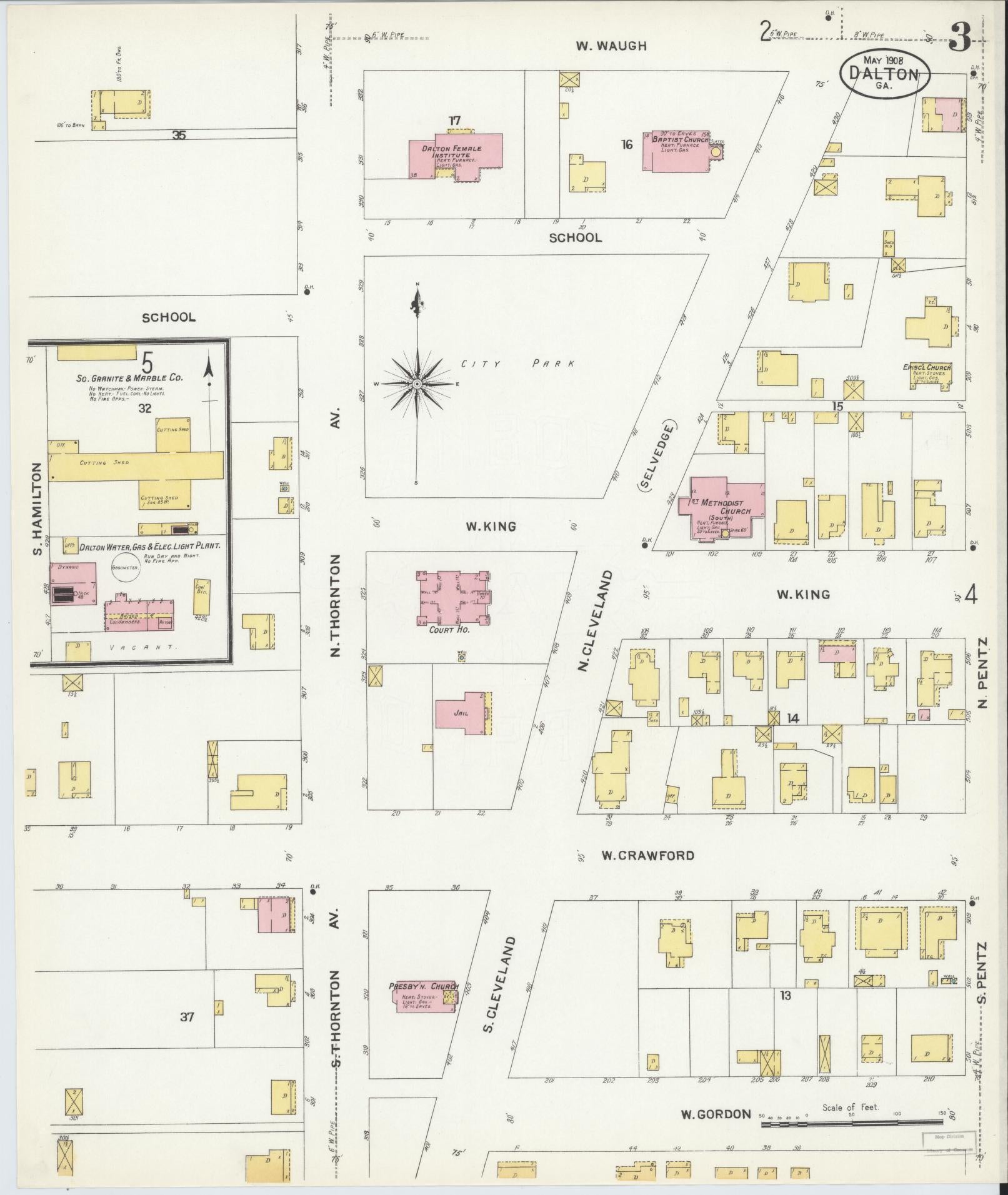Sanborn Fire Insurance Map from Dalton, Whitfield County, Georgia (1908), Sheet #0003 - Complete Map Set gallery image, historic Sanborn map, vintage wall art, Georgia Georgia