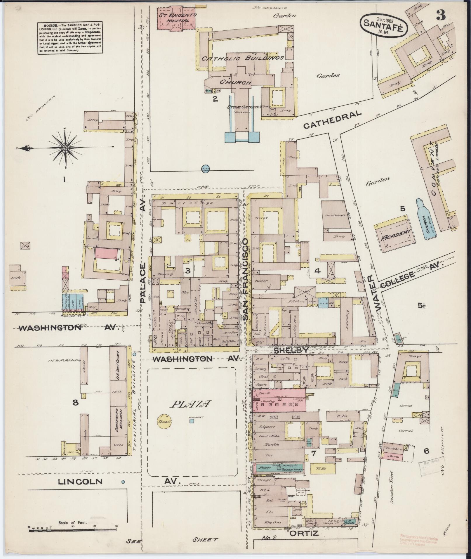 Sanborn Fire Insurance Map from Santa Fe, Santa Fe County, New Mexico (1883), Sheet #0003 - Complete Map Set gallery image, historic Sanborn map, vintage wall art, New Mexico New Mexico