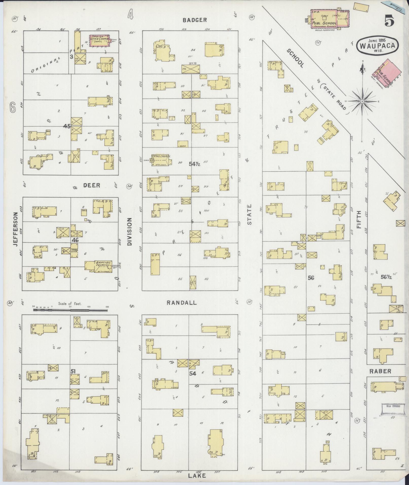 Sanborn Fire Insurance Map from Waupaca, Waupaca County, Wisconsin (1895), Sheet #0005 - Complete Map Set gallery image, historic Sanborn map, vintage wall art, Wisconsin Wisconsin