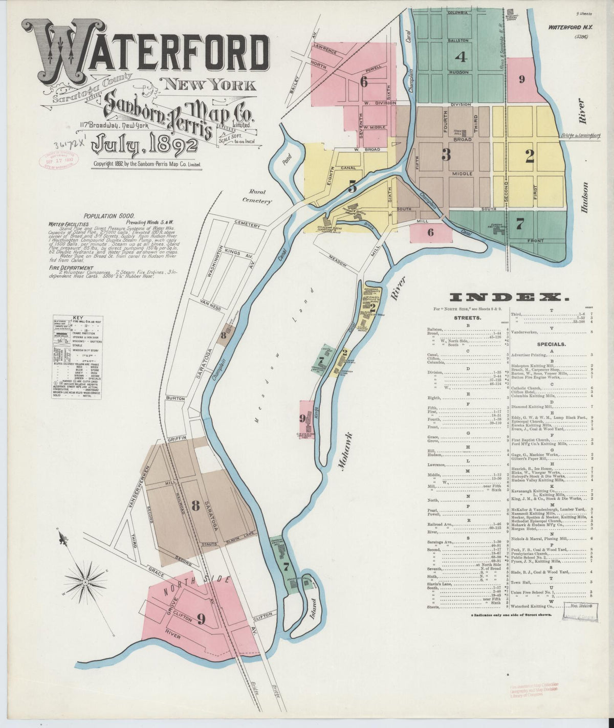 Sanborn Fire Insurance Map from Waterford, Saratoga County, New York (1892), Sheet #0001 - Historic Sanborn Fire Insurance Map Print, vintage old map wall art, antique decor, genealogy gift, New York New York map
