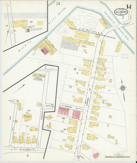 Sanborn Fire Insurance Map from Salisbury, Wicomico County, Maryland (1916), Sheet #0014 - Historic Sanborn Fire Insurance Map Print, vintage old map wall art