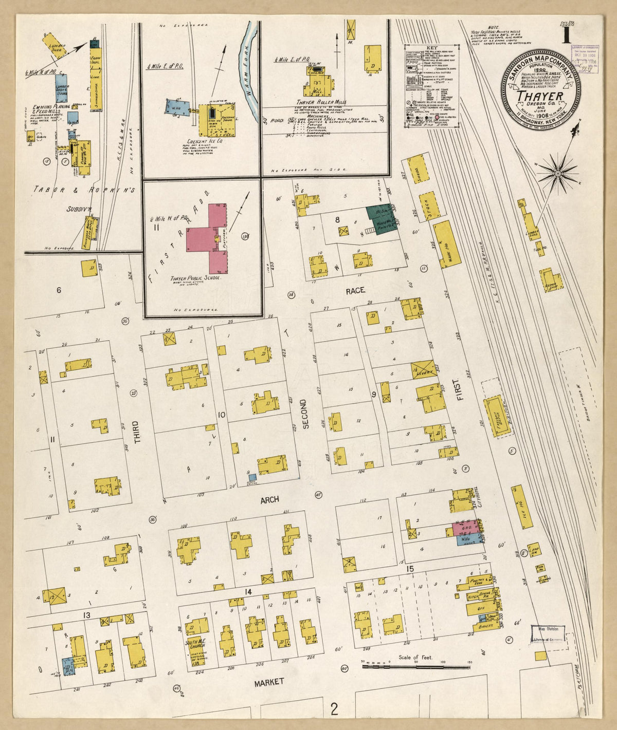 Sanborn Fire Insurance Map from Thayer, Oregon County, Missouri (1906), Sheet #0001 - Historic Sanborn Fire Insurance Map Print, vintage old map wall art, antique decor, genealogy gift, Thayer Oregon map