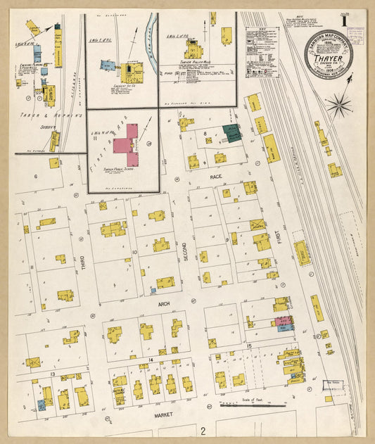 Sanborn Fire Insurance Map from Thayer, Oregon County, Missouri (1906), Sheet #0001 - Historic Sanborn Fire Insurance Map Print, vintage old map wall art, antique decor, genealogy gift, Thayer Oregon map