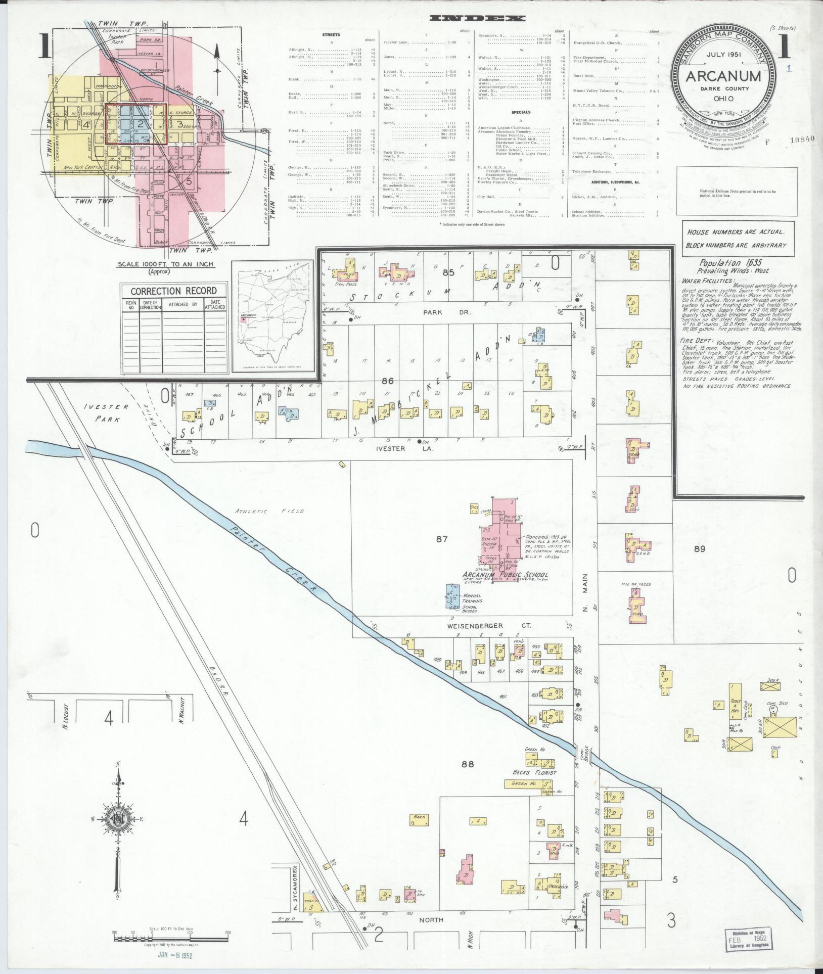 Sanborn Fire Insurance Map from Arcanum, Darke County, Ohio (1951), Sheet #0001 - Historic Sanborn Fire Insurance Map Print, vintage old map wall art, antique decor, genealogy gift, Ohio Ohio map
