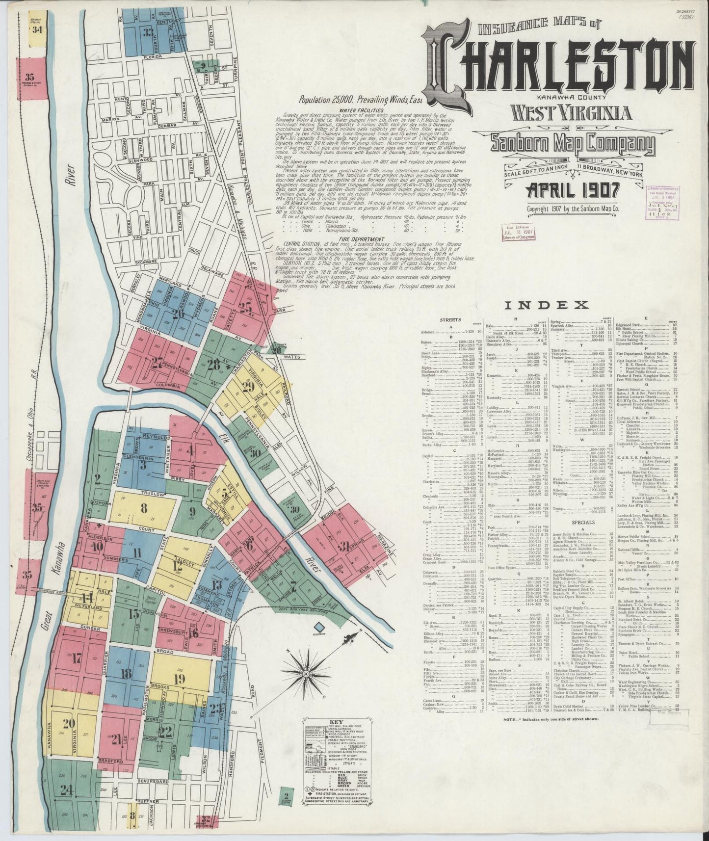 Sanborn Fire Insurance Map from Charleston, Kanawha County, West Virginia (1907), Sheet #0001 - Complete Map Set gallery image, historic Sanborn map, vintage wall art, West Virginia West Virginia