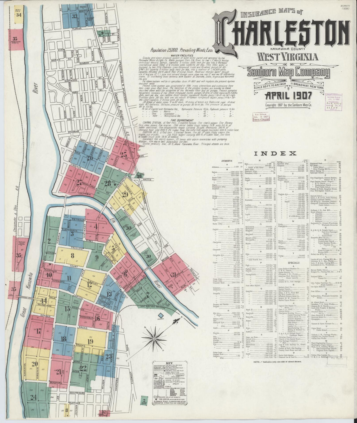 Sanborn Fire Insurance Map from Charleston, Kanawha County, West Virginia (1907), Sheet #0001 - Complete Map Set gallery image, historic Sanborn map, vintage wall art, West Virginia West Virginia