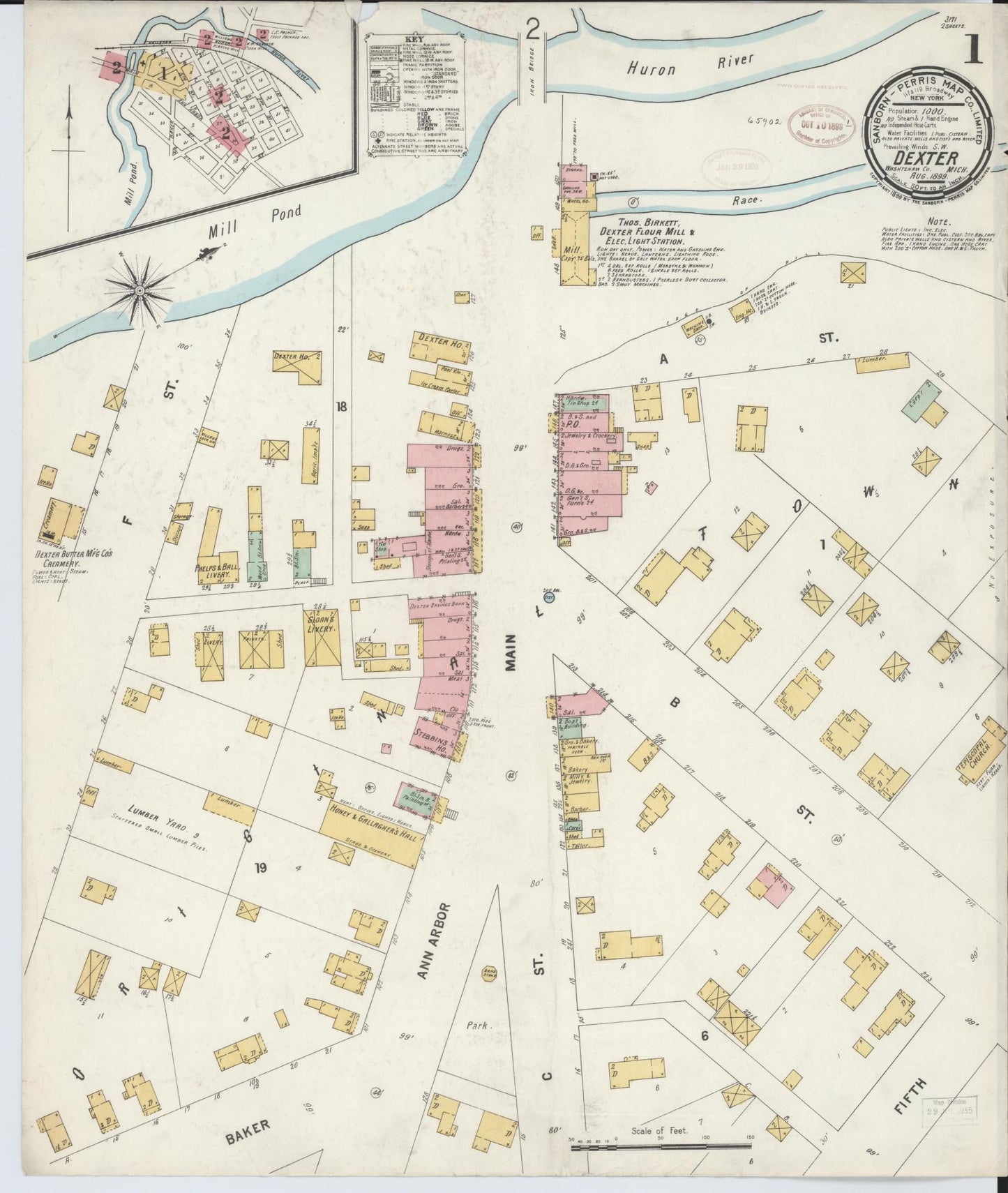Sanborn Fire Insurance Map from Dexter, Washtenaw County, Michigan (1899), Sheet #0001 - Complete Map Set gallery image, historic Sanborn map, vintage wall art, Michigan Michigan