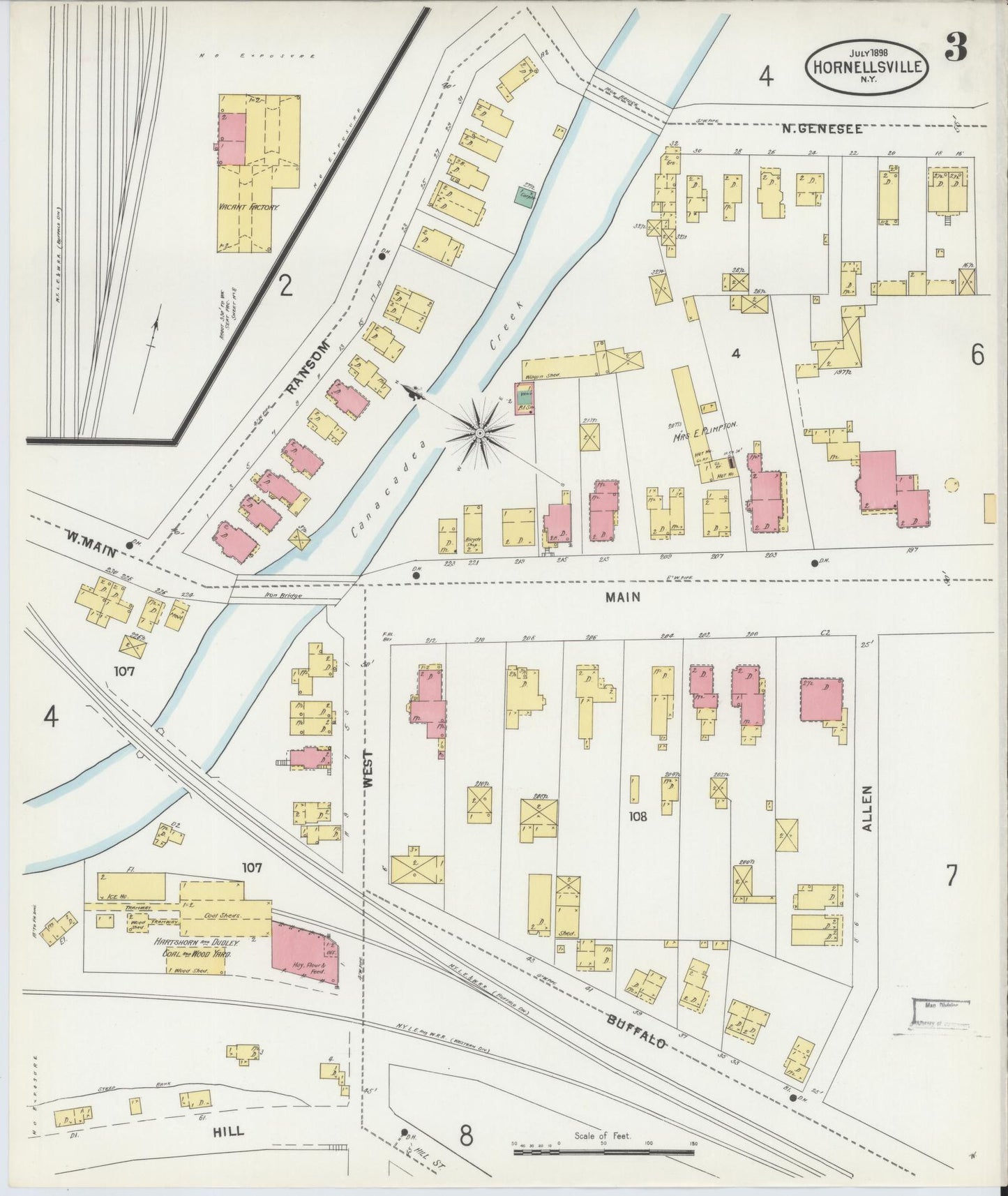Sanborn Fire Insurance Map from Hornell, Steuben County, New York (1898), Sheet #0003 - Historic Sanborn Fire Insurance Map Print, vintage old map wall art, antique decor, genealogy gift, New York New York map