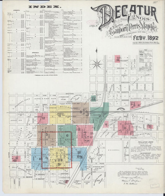 Sanborn Fire Insurance Map from Decatur, Macon County, Illinois (1892), Sheet #0001 - Complete Map Set gallery image, historic Sanborn map, vintage wall art, Illinois Illinois
