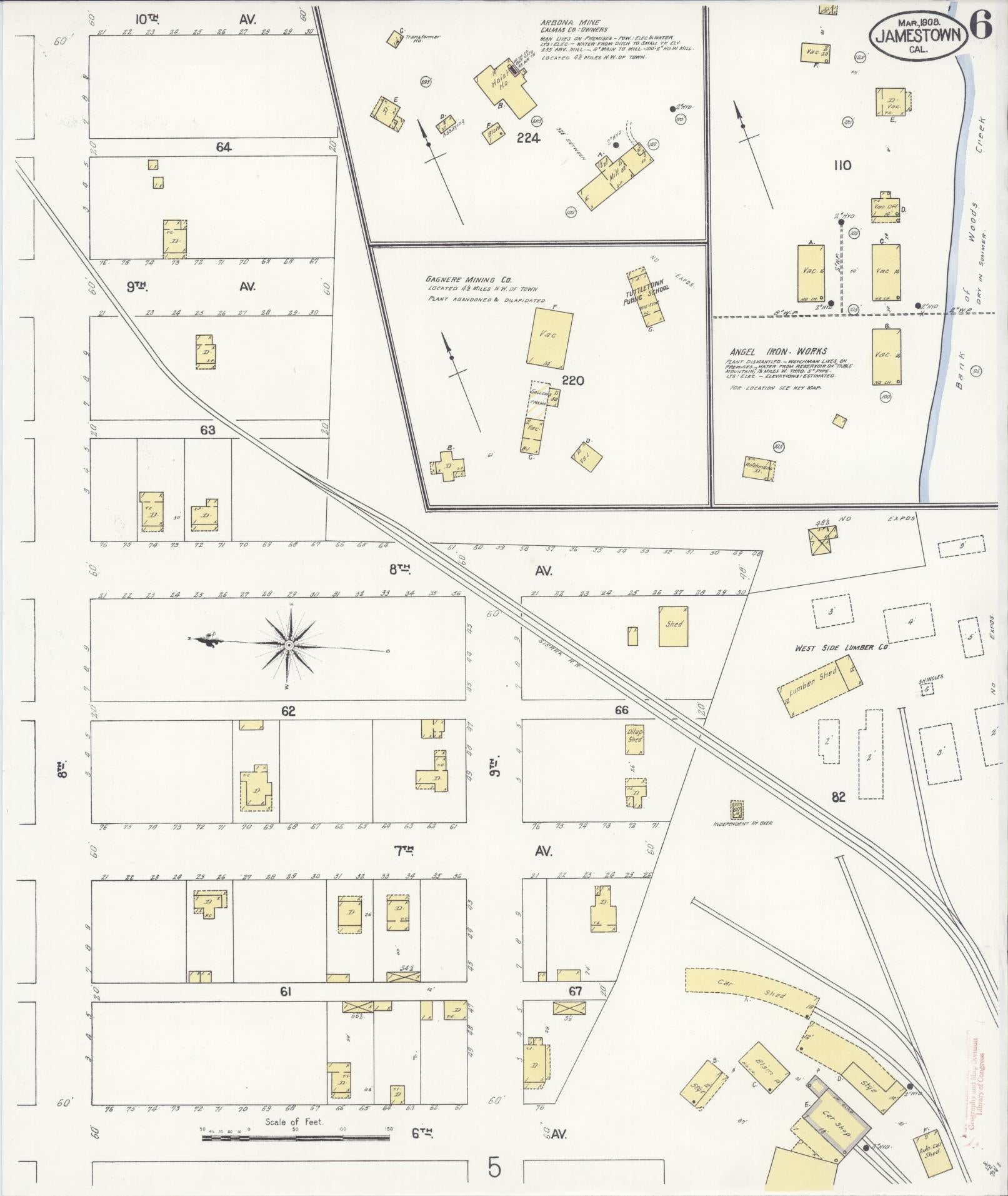 Sanborn Fire Insurance Map from Jamestown, Tuolumne County, California (1908), Sheet #0006 - Complete Map Set gallery image, historic Sanborn map, vintage wall art, California California