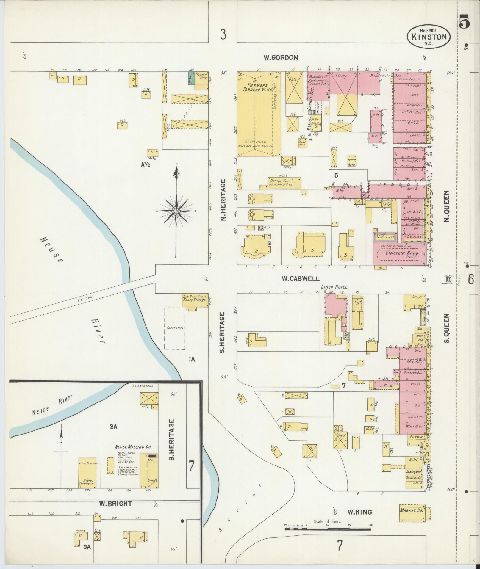 Sanborn Fire Insurance Map from Kinston, Lenoir County, North Carolina (1901), Sheet #0005 - Complete Map Set gallery image, historic Sanborn map, vintage wall art, North Carolina North Carolina