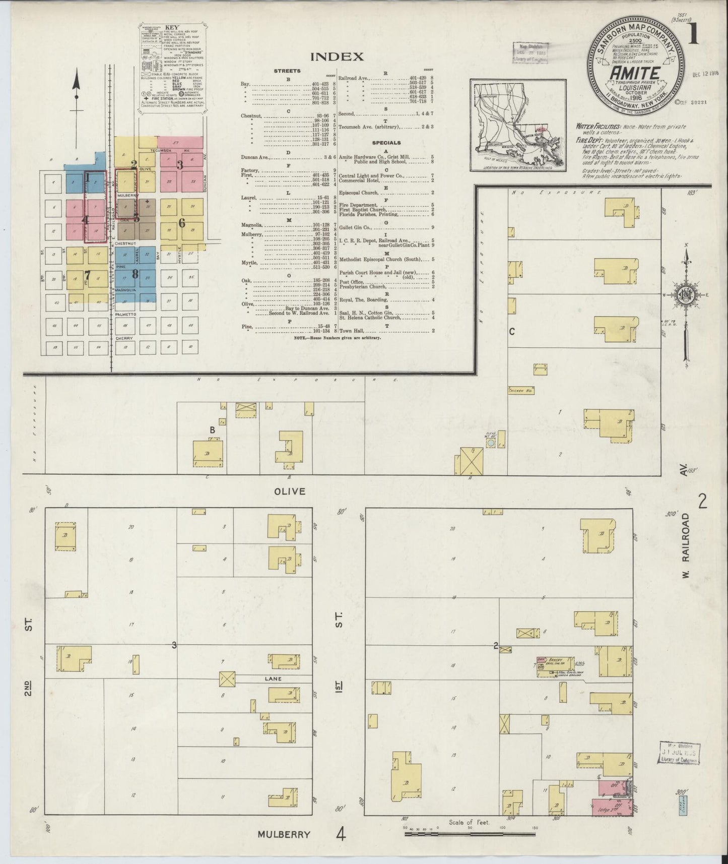 Sanborn Fire Insurance Map from Amite, Tangipahoa Parish, Louisiana (1916), Sheet #0001 - Historic Sanborn Fire Insurance Map Print, vintage old map wall art, antique decor, genealogy gift, Louisiana Louisiana map