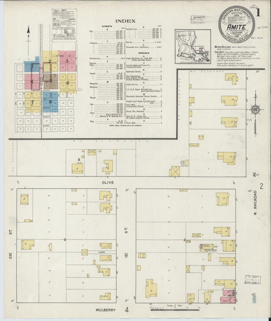Sanborn Fire Insurance Map from Amite, Tangipahoa Parish, Louisiana (1916), Sheet #0001 - Historic Sanborn Fire Insurance Map Print, vintage old map wall art, antique decor, genealogy gift, Louisiana Louisiana map