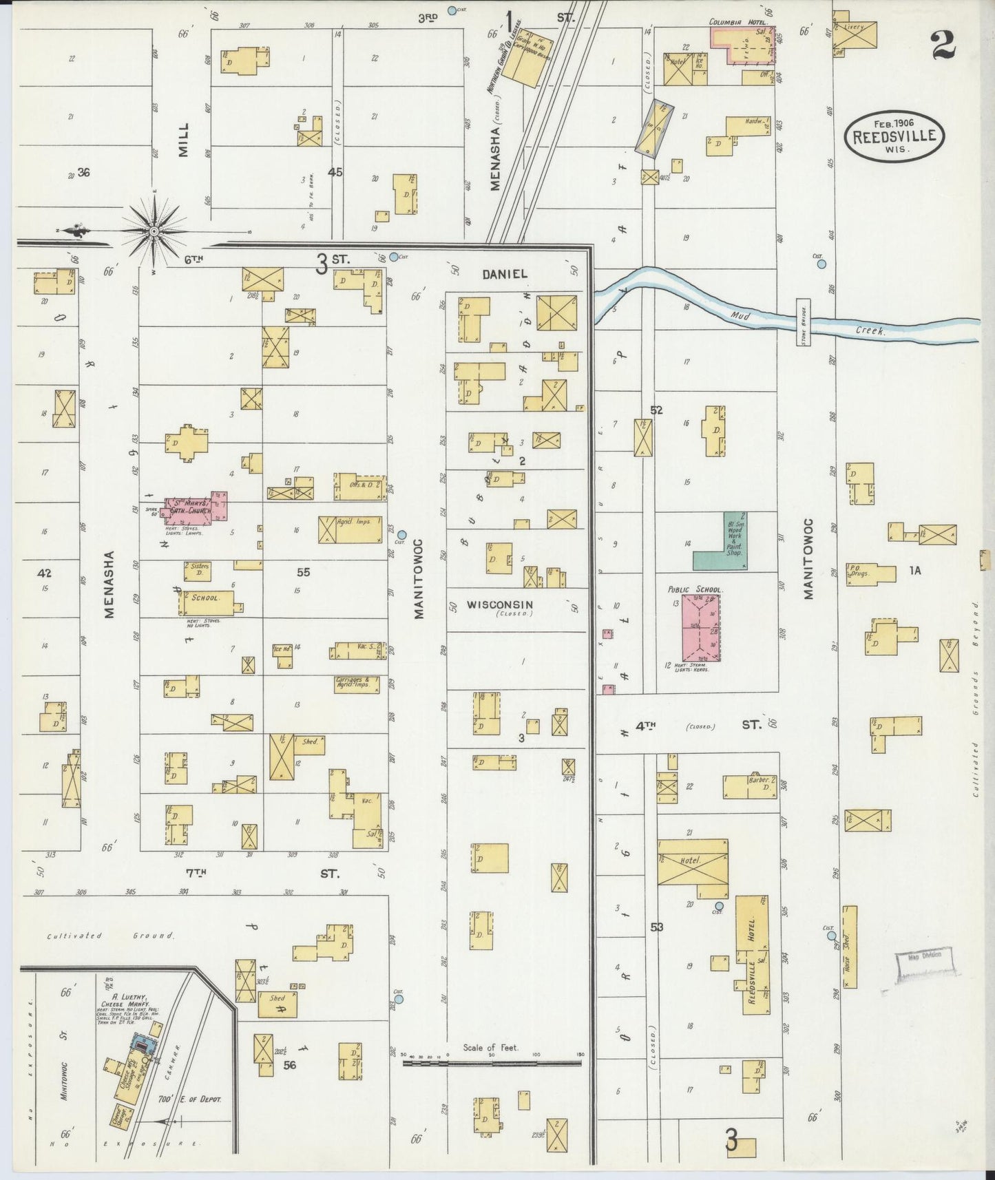 Sanborn Fire Insurance Map from Reedsville, Manitowoc County, Wisconsin (1906), Sheet #0002 - Historic Sanborn Fire Insurance Map Print, vintage old map wall art, antique decor, genealogy gift, Wisconsin Wisconsin map