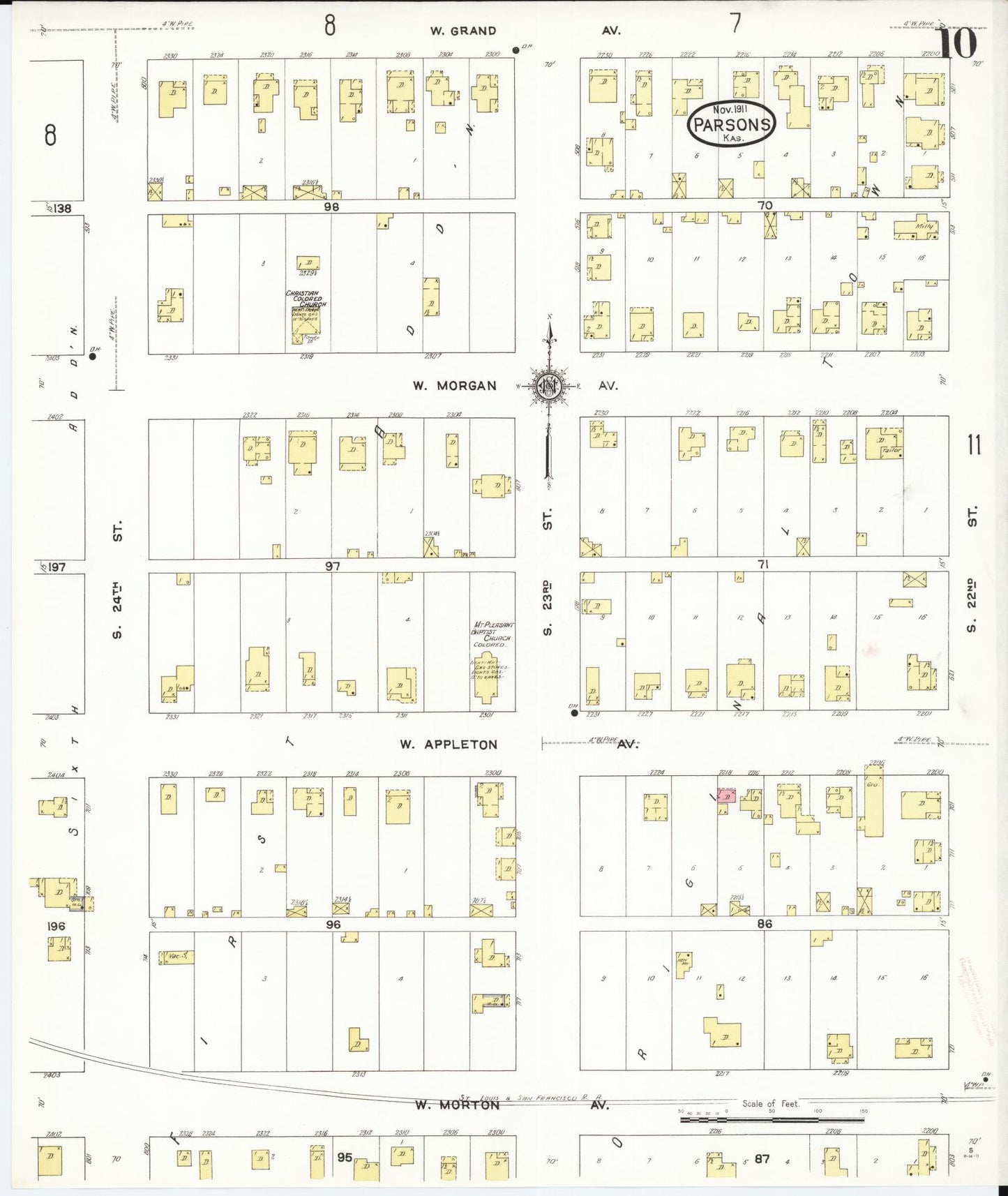 Sanborn Fire Insurance Map from Parsons, Labette County, Kansas (1911), Sheet #0010 - Complete Map Set gallery image, historic Sanborn map, vintage wall art, Kansas Kansas