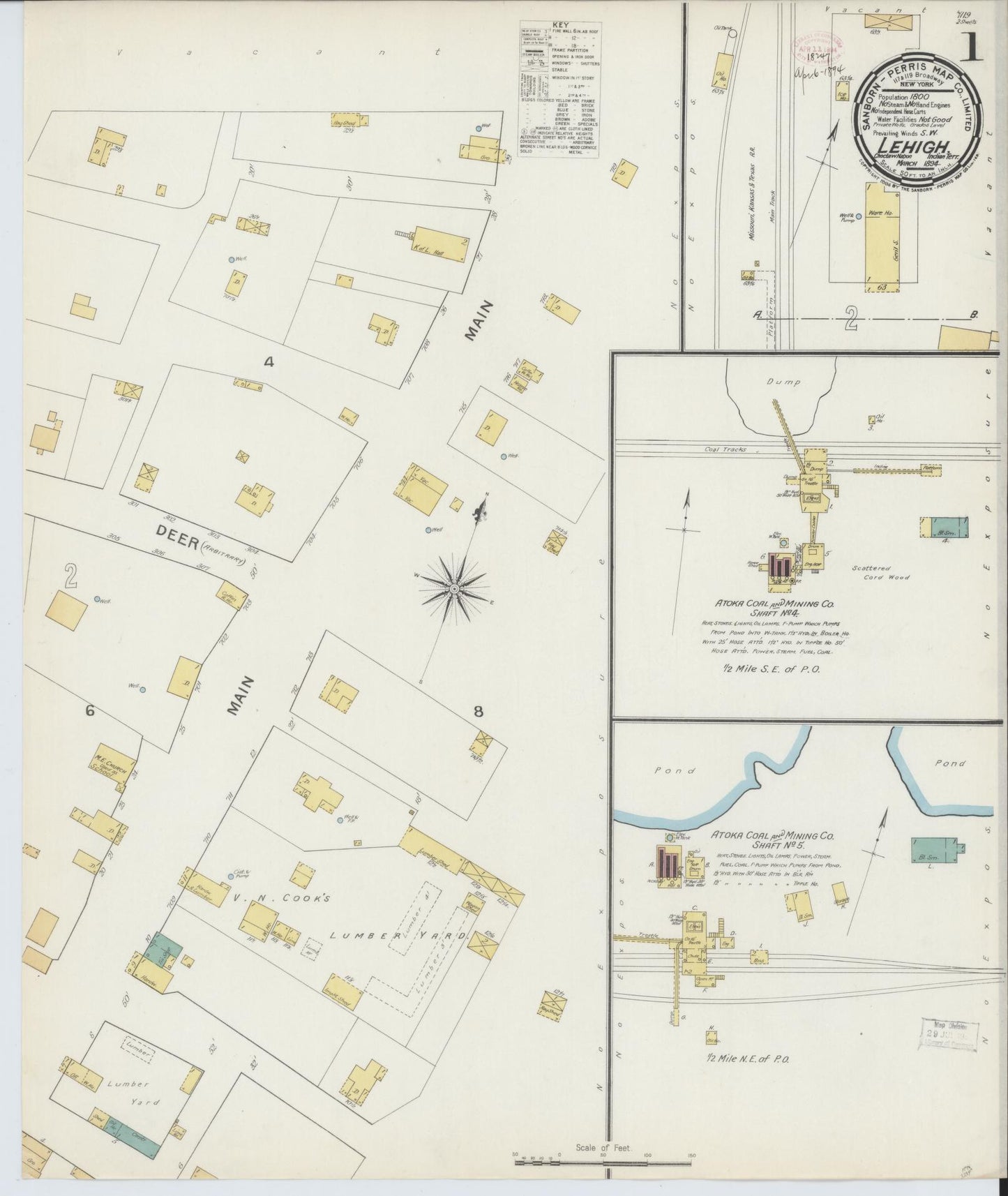 Sanborn Fire Insurance Map from Lehigh, Coal County, Oklahoma (1894), Sheet #0001 - Complete Map Set gallery image, historic Sanborn map, vintage wall art, Oklahoma Oklahoma