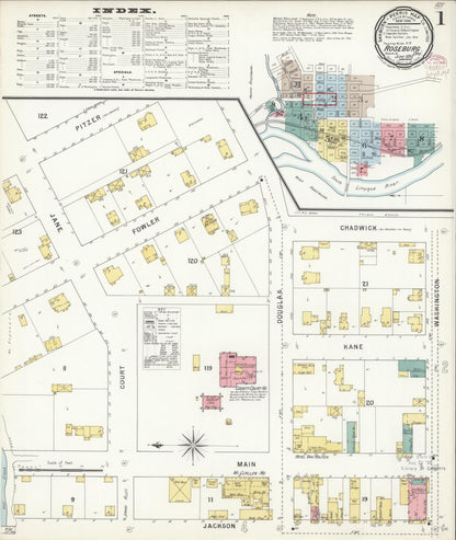 Sanborn Fire Insurance Map from Roseburg, Douglas County, Oregon (1895), Sheet #0001 - Complete Map Set gallery image, historic Sanborn map, vintage wall art, Oregon Oregon