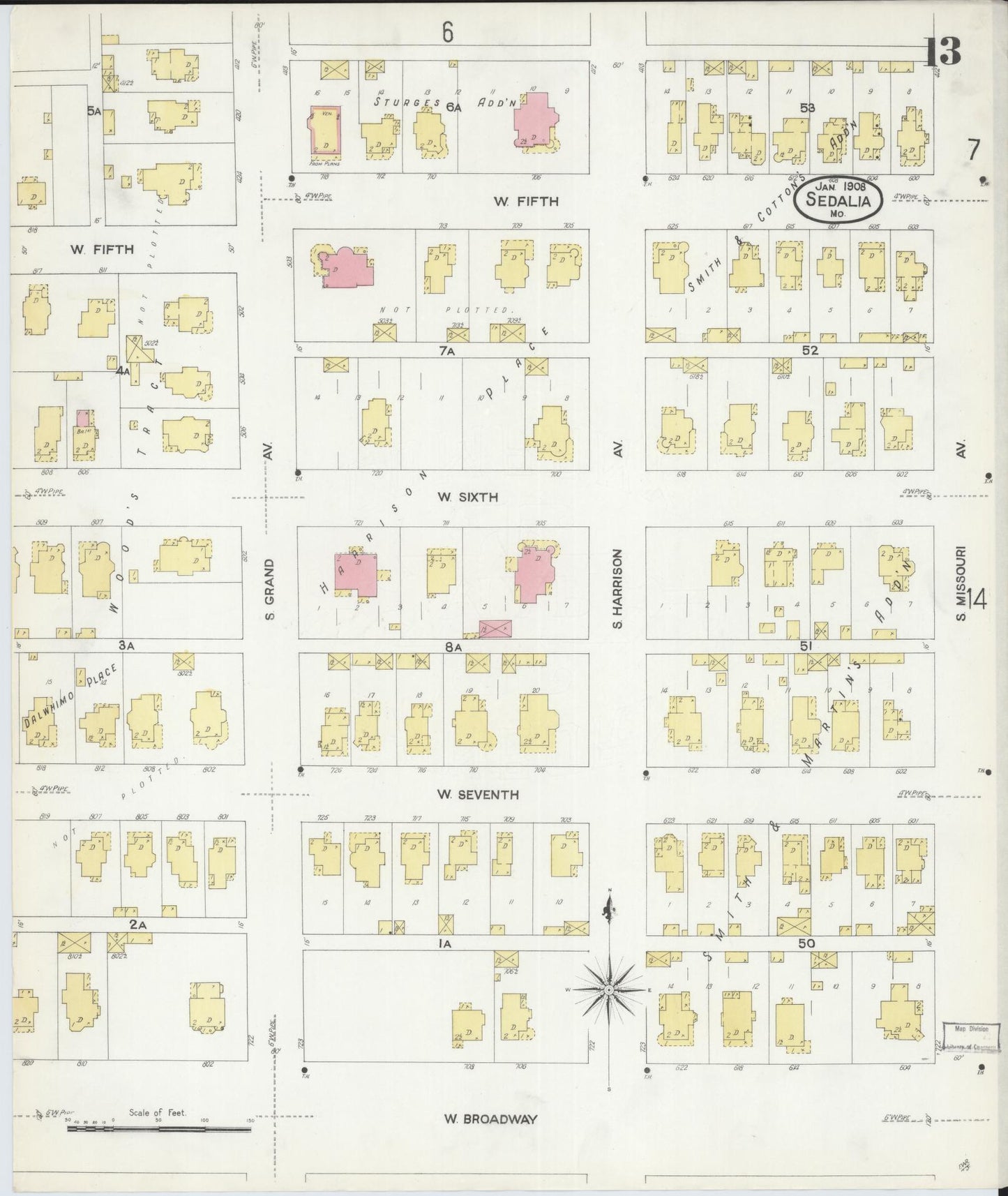 Sanborn Fire Insurance Map from Sedalia, Pettis County, Missouri (1908), Sheet #0013 - Complete Map Set gallery image, historic Sanborn map, vintage wall art, Missouri Missouri