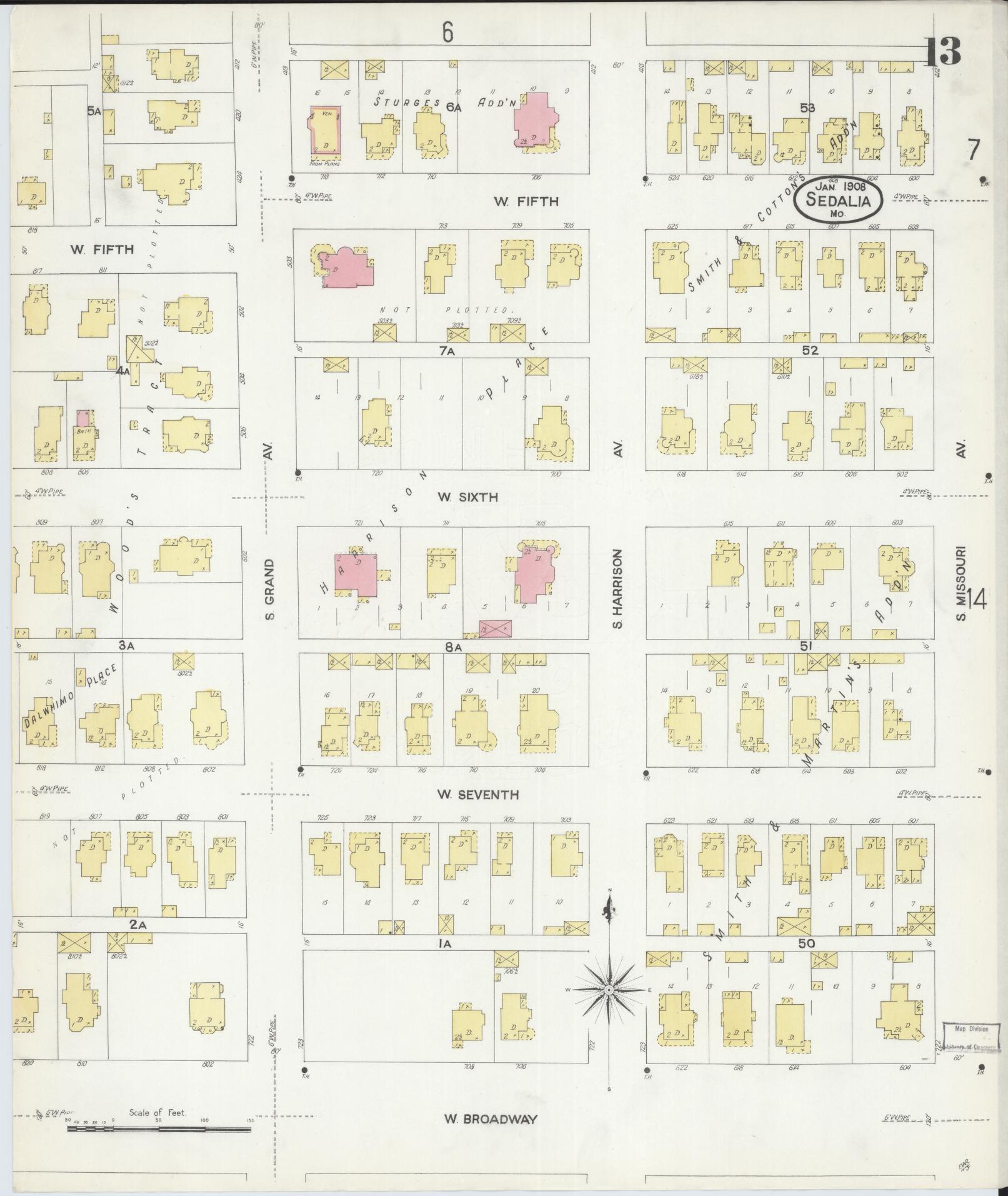 Sanborn Fire Insurance Map from Sedalia, Pettis County, Missouri (1908), Sheet #0013 - Complete Map Set gallery image, historic Sanborn map, vintage wall art, Missouri Missouri