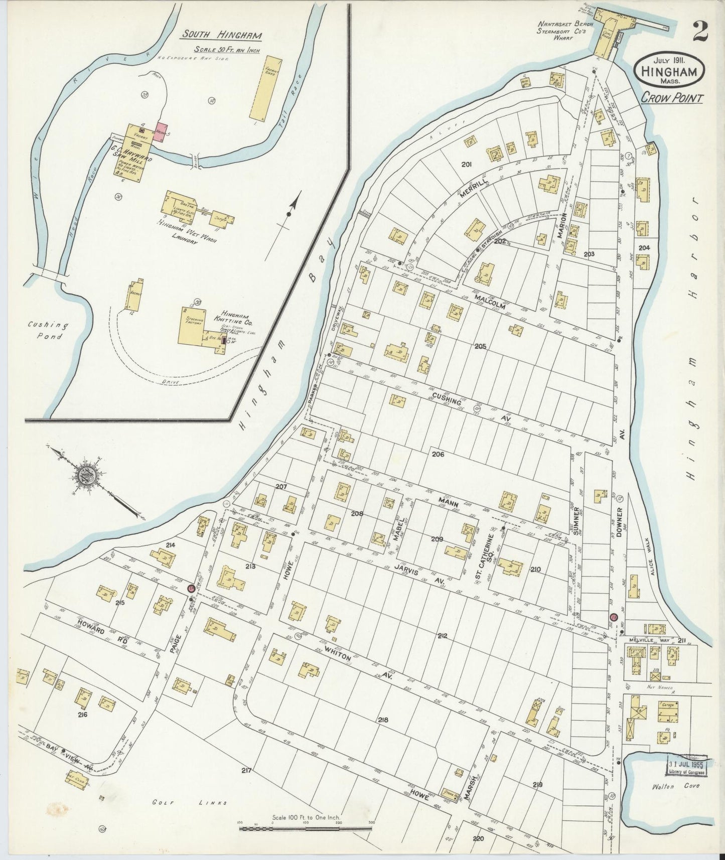 Sanborn Fire Insurance Map from Hingham, Plymouth County, Massachusetts (1911), Sheet #0002 - Historic Sanborn Fire Insurance Map Print, vintage old map wall art, antique decor, genealogy gift, Massachusetts Massachusetts map