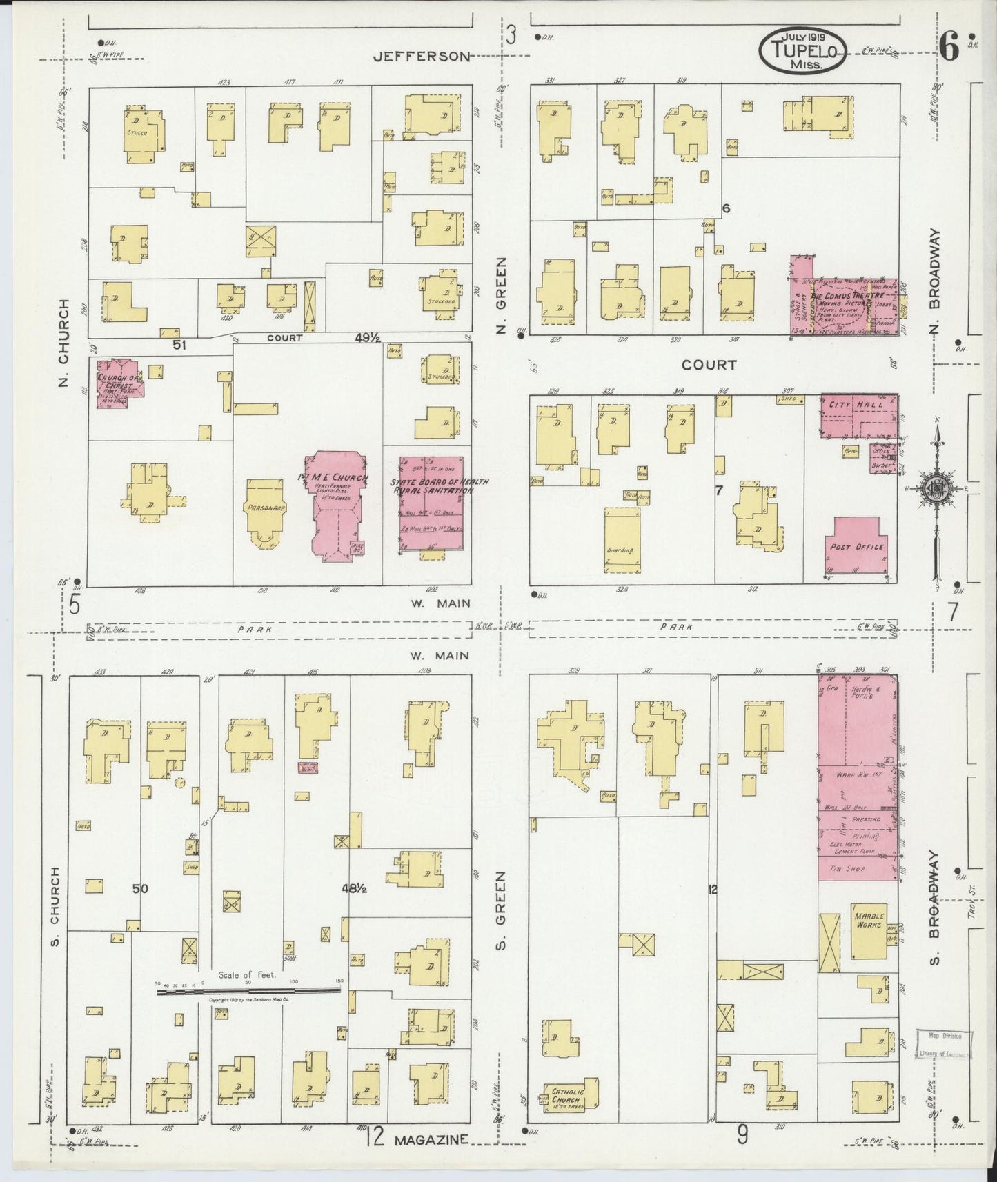 Sanborn Fire Insurance Map from Tupelo, Lee County, Mississippi (1919), Sheet #0006 - Complete Map Set gallery image, historic Sanborn map, vintage wall art, Mississippi Mississippi