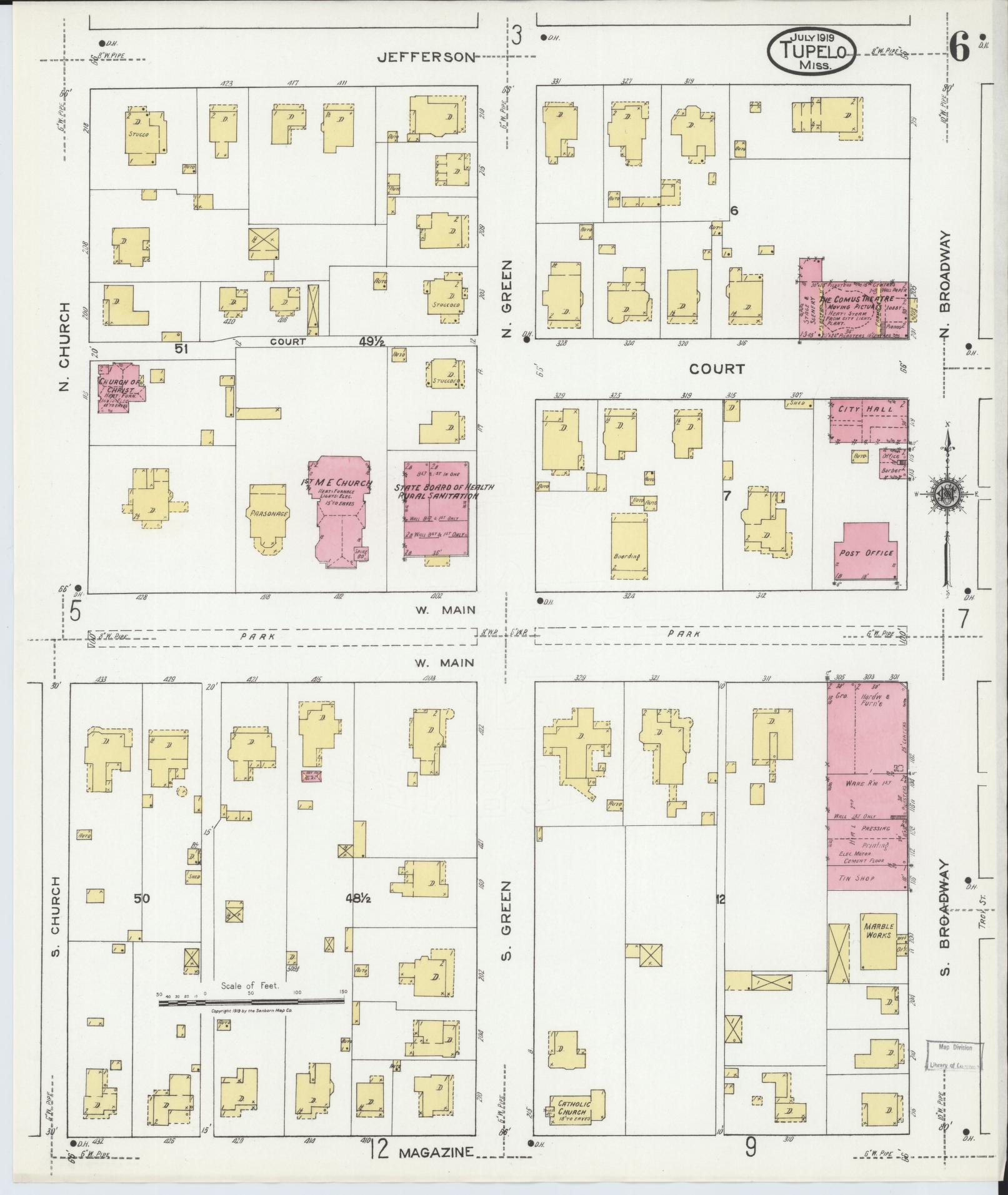 Sanborn Fire Insurance Map from Tupelo, Lee County, Mississippi (1919), Sheet #0006 - Complete Map Set gallery image, historic Sanborn map, vintage wall art, Mississippi Mississippi