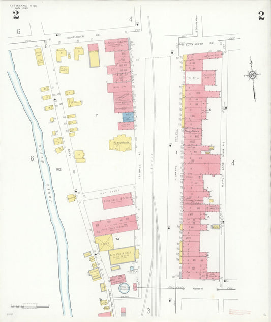 Sanborn Fire Insurance Map from Cleveland, Bolivar County, Mississippi (1933), Sheet #0002 - Historic Sanborn Fire Insurance Map Print, vintage old map wall art, antique decor, genealogy gift, Mississippi Mississippi map