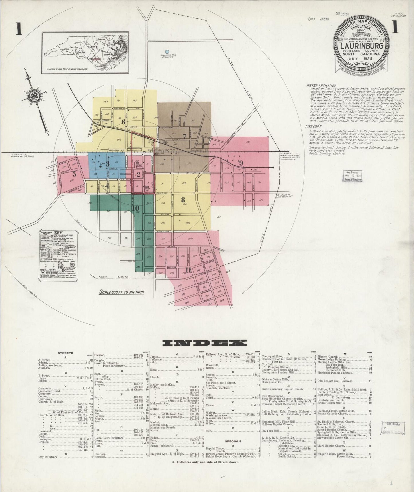 Sanborn Fire Insurance Map from Laurinburg, Scotland County, North Carolina (1924), Sheet #0001 - Complete Map Set gallery image, historic Sanborn map, vintage wall art, North Carolina North Carolina