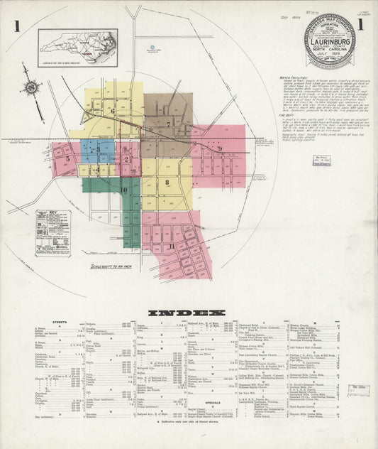 Sanborn Fire Insurance Map from Laurinburg, Scotland County, North Carolina (1924), Sheet #0001 - Complete Map Set gallery image, historic Sanborn map, vintage wall art, North Carolina North Carolina