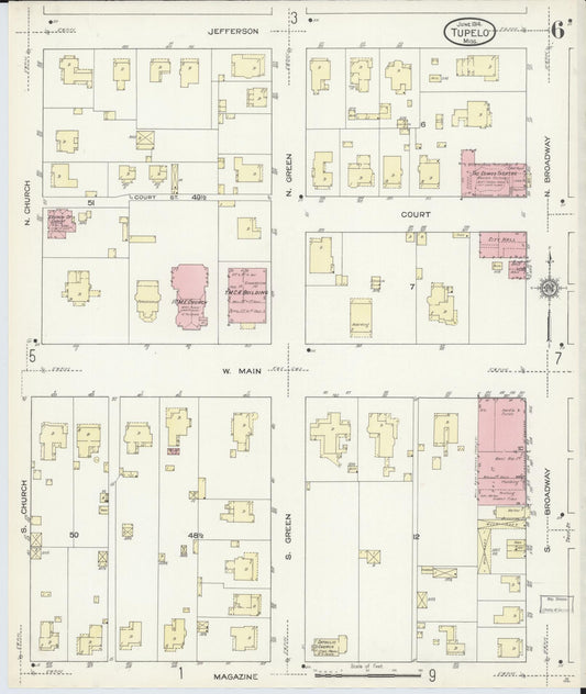 Sanborn Fire Insurance Map from Tupelo, Lee County, Mississippi (1914), Sheet #0006 - Historic Sanborn Fire Insurance Map Print, vintage old map wall art, antique decor, genealogy gift, Mississippi Mississippi map