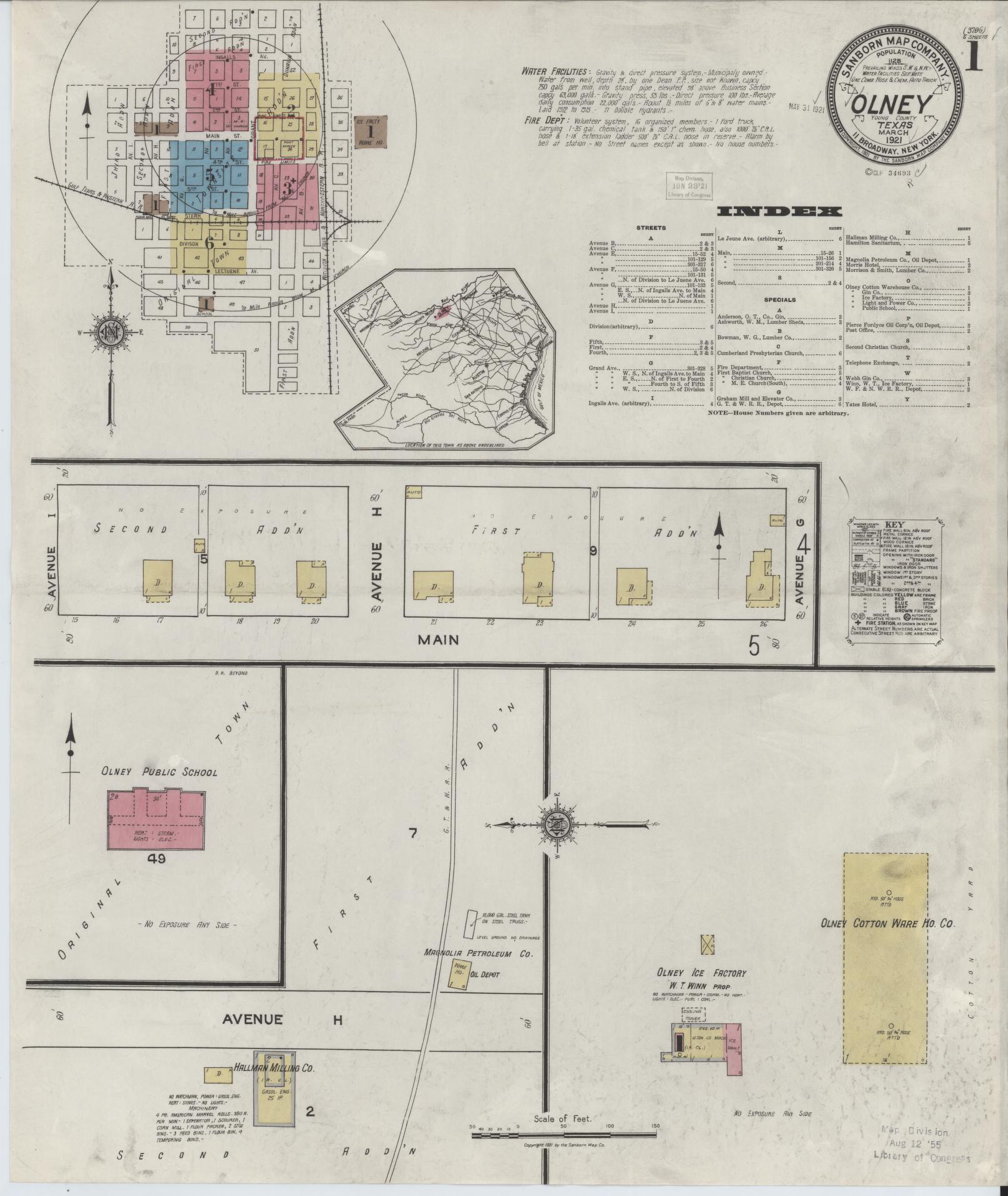 Sanborn Fire Insurance Map from Olney, Young County, Texas (1921), Sheet #0001 - Historic Sanborn Fire Insurance Map Print, vintage old map wall art, antique decor, genealogy gift, Texas Texas map