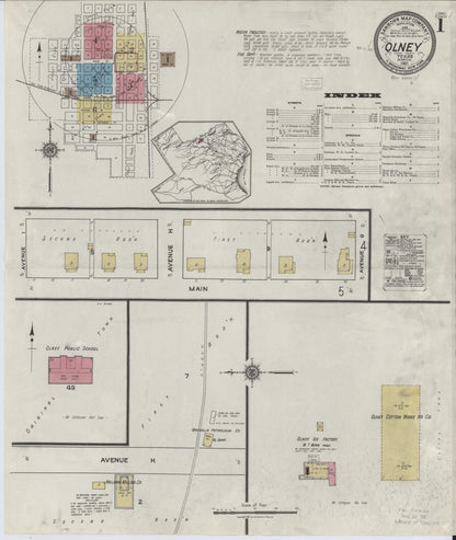 Sanborn Fire Insurance Map from Olney, Young County, Texas (1921), Sheet #0001 - Historic Sanborn Fire Insurance Map Print, vintage old map wall art, antique decor, genealogy gift, Texas Texas map