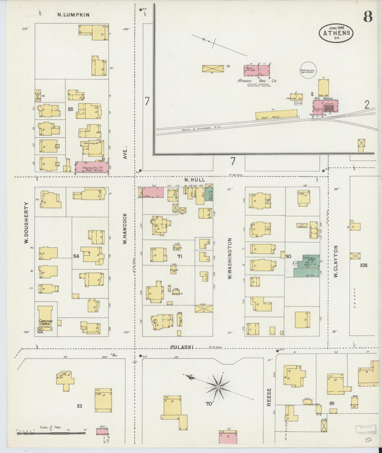 Sanborn Fire Insurance Map from Athens, Clarke County, Georgia (1898), Sheet #0008 - Historic Sanborn Fire Insurance Map Print, vintage old map wall art, antique decor, genealogy gift, Georgia Georgia map