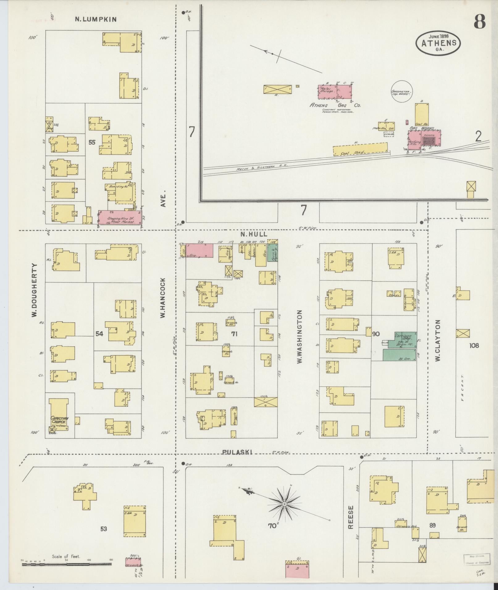 Sanborn Fire Insurance Map from Athens, Clarke County, Georgia (1898), Sheet #0008 - Historic Sanborn Fire Insurance Map Print, vintage old map wall art, antique decor, genealogy gift, Georgia Georgia map